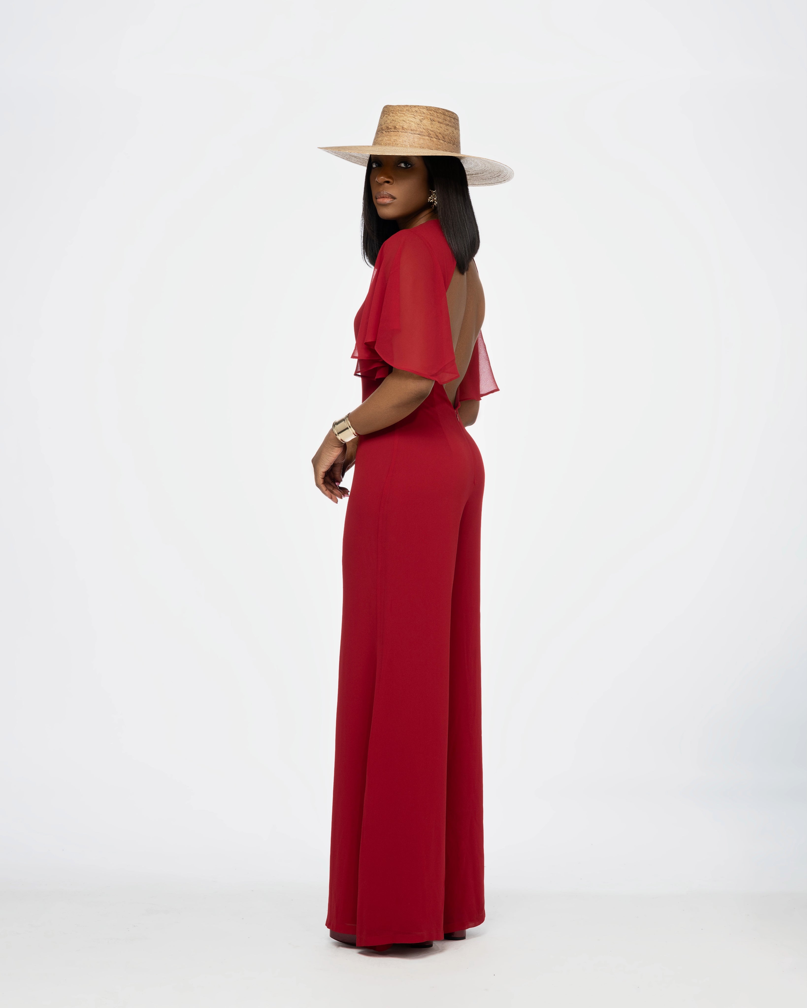 Eli Backless Chiffon Jumpsuit In Red