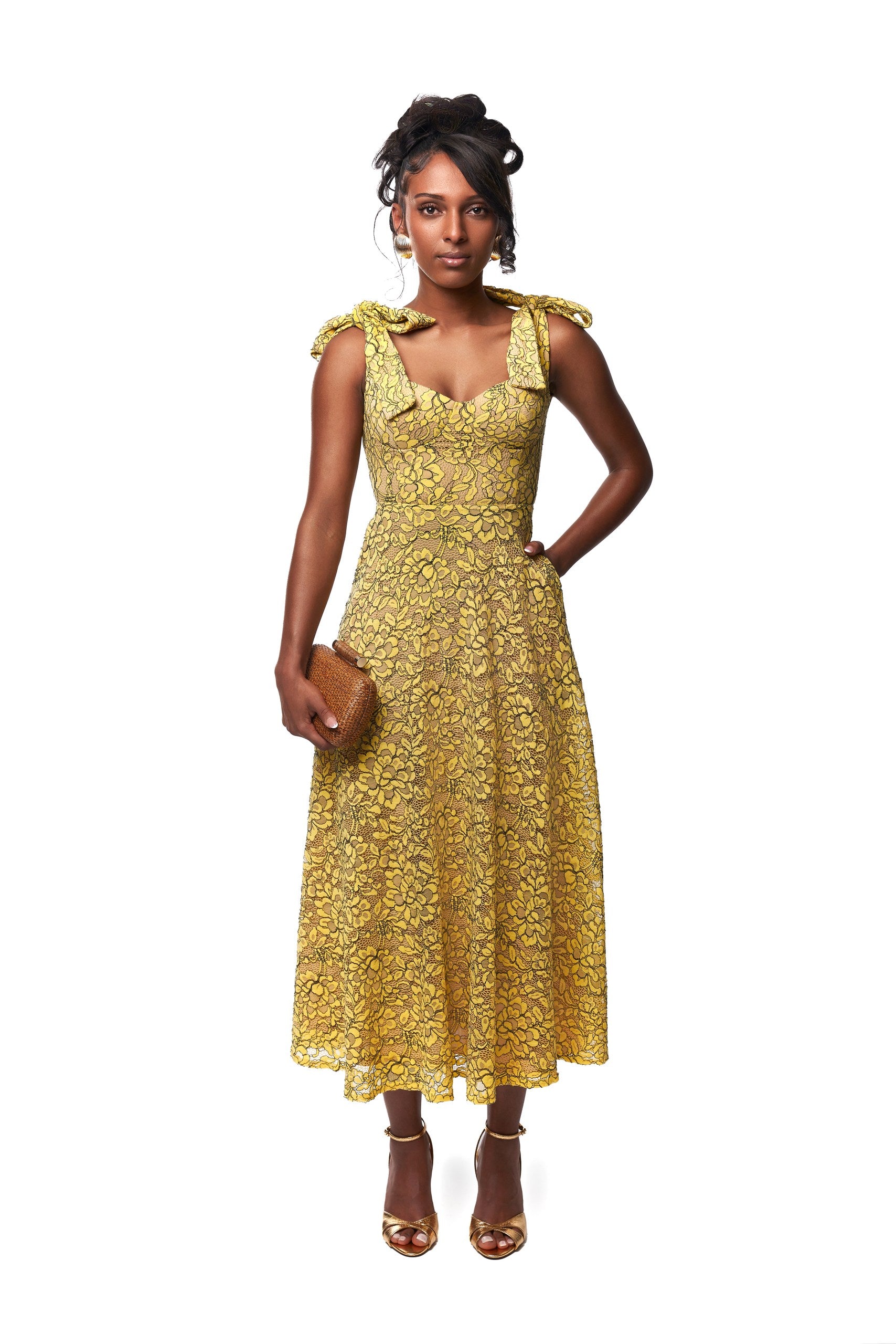 Ashley Lace Tie Midi Dress In Yellow