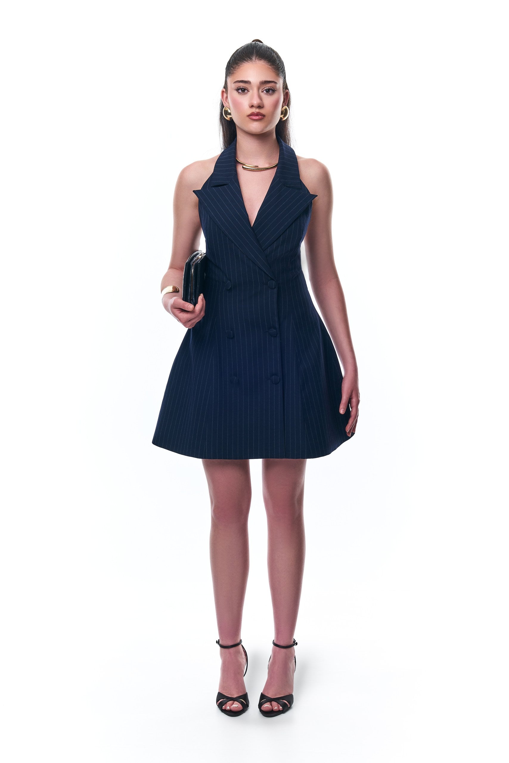 Claudia Navy Blue Pinstripe Halter neck belted mini dress