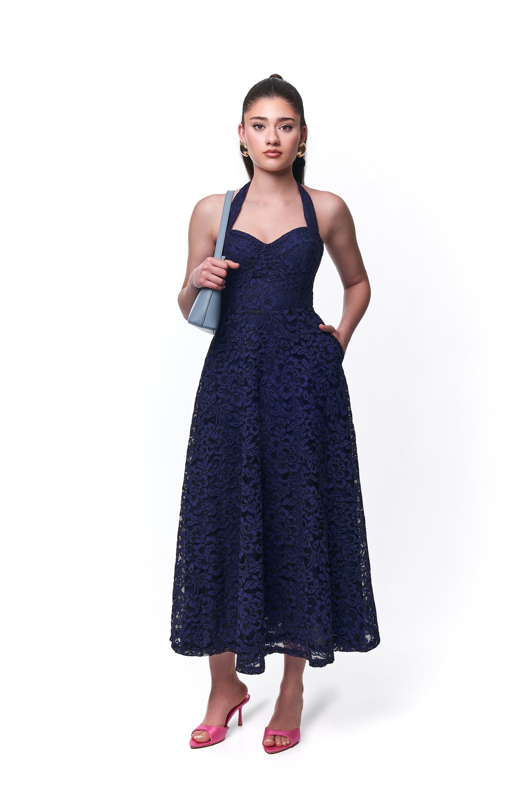 Ashley Lace tie Midi Dress In Blue
