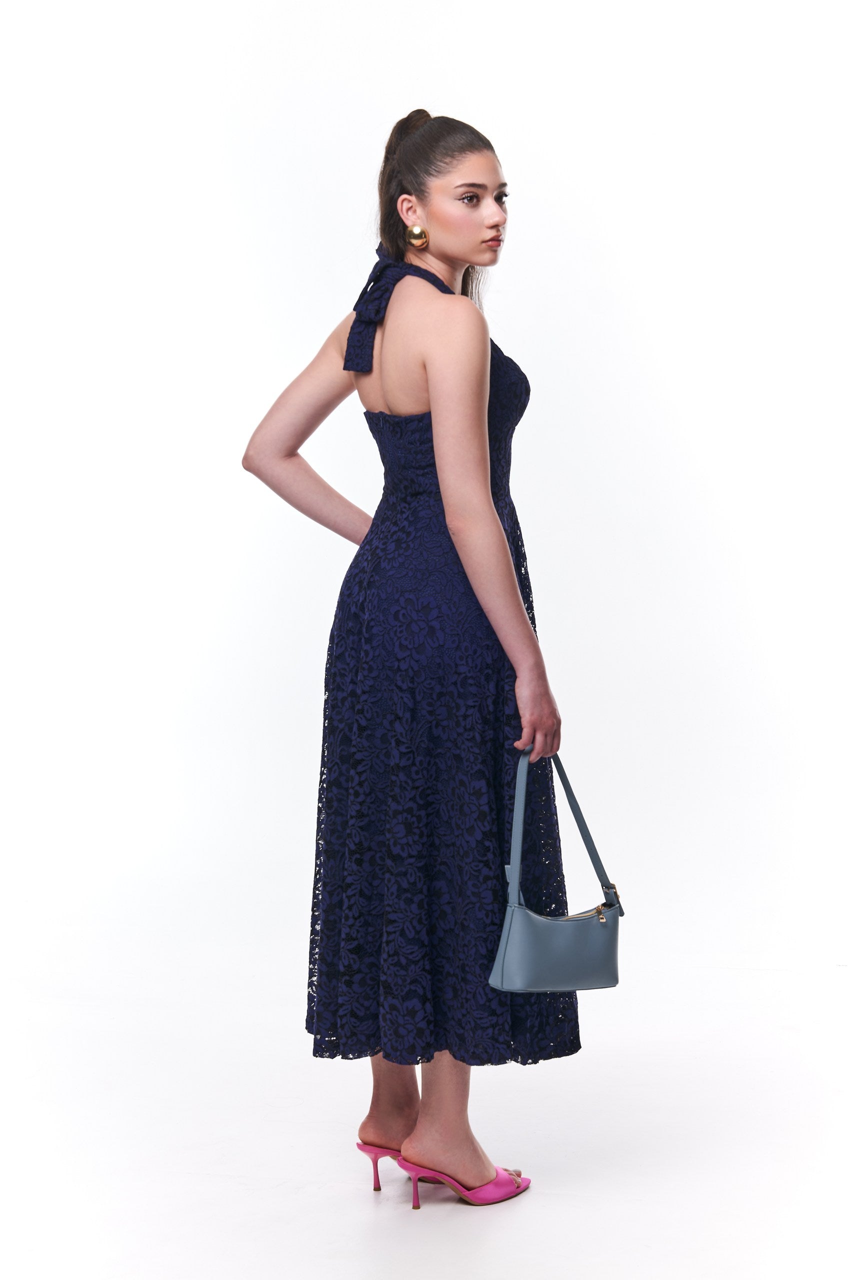 Ashley Lace tie Midi Dress In Blue