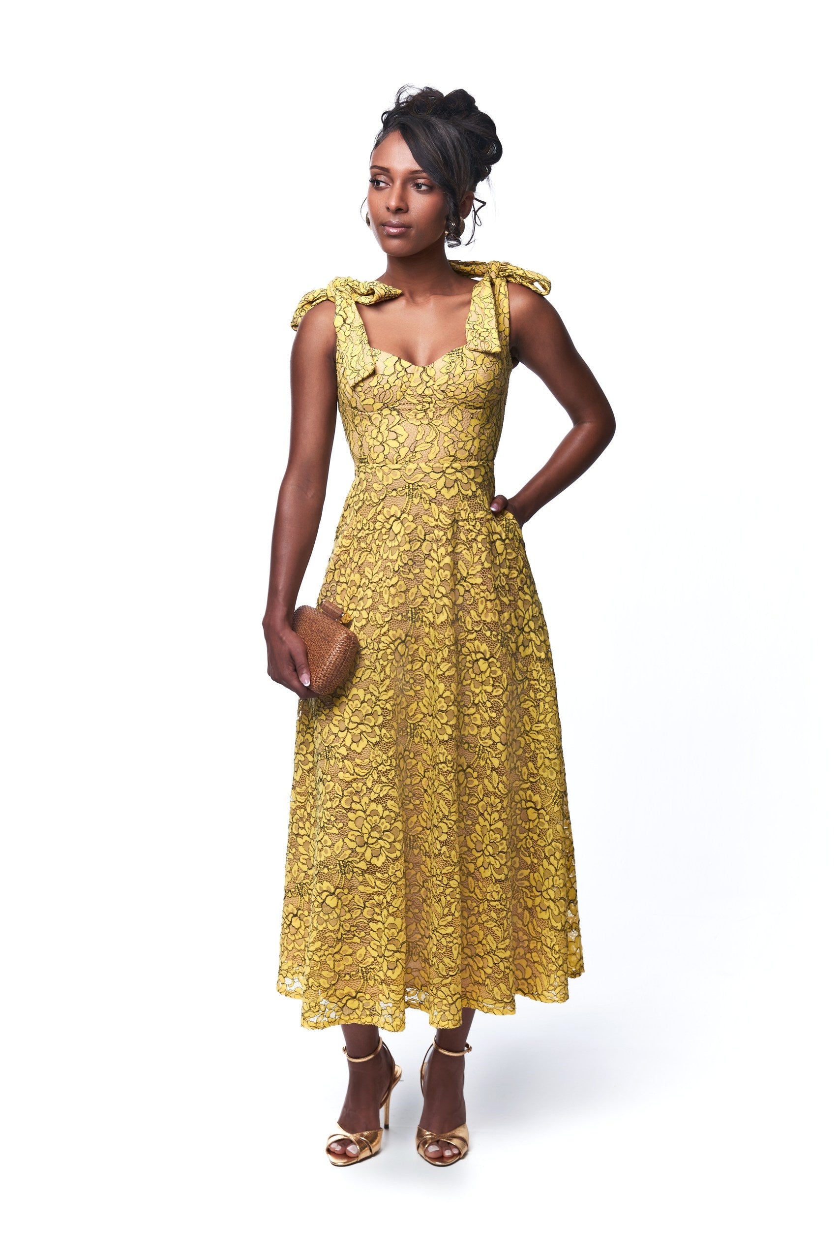 Ashley Lace Tie Midi Dress In Yellow