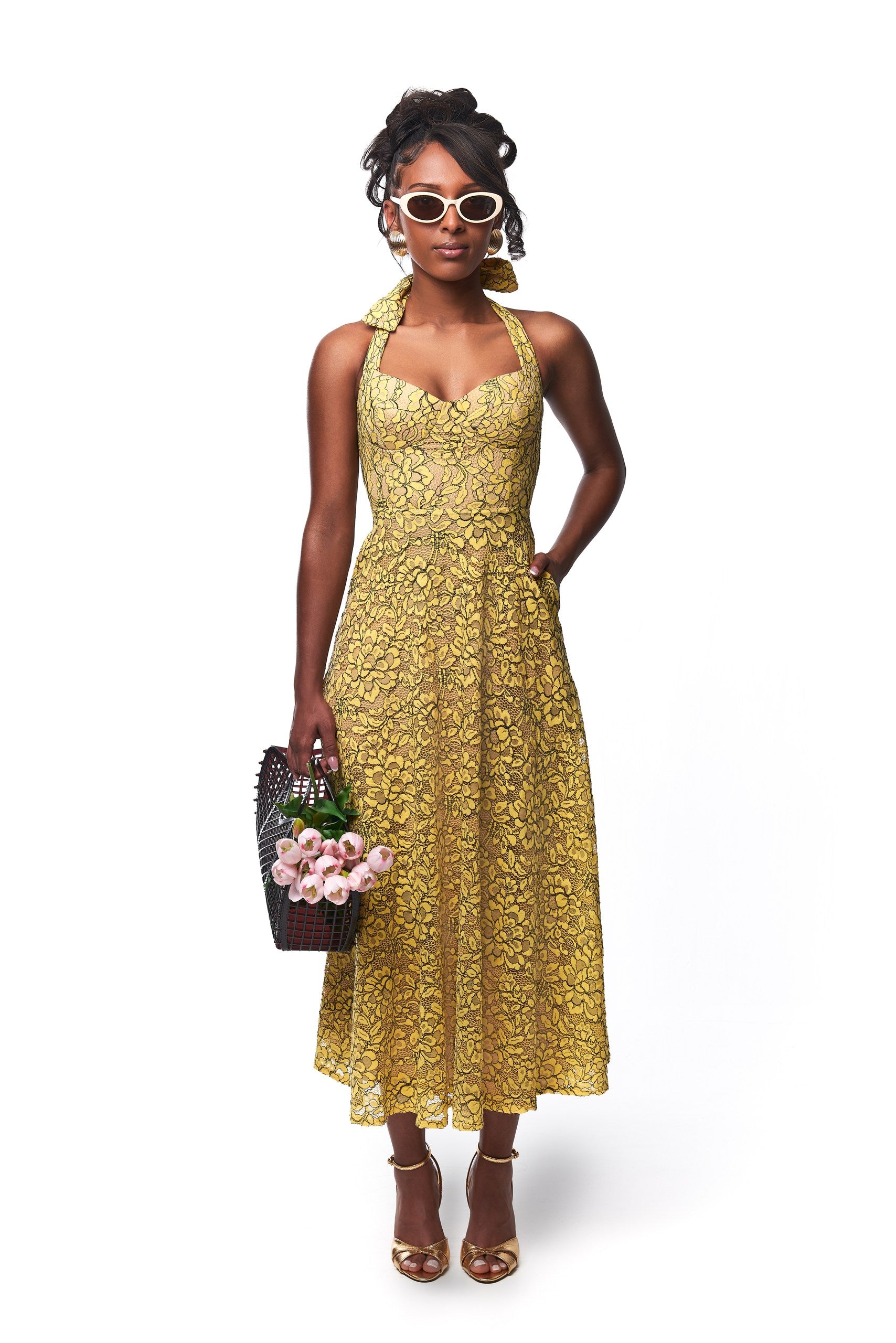 Ashley Lace Tie Midi Dress In Yellow