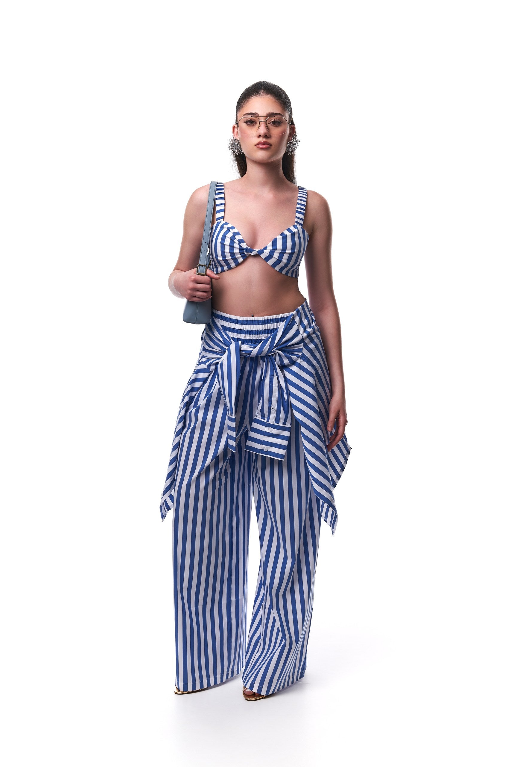 Alexa Striped Cotton Poplin 3-piece pants Co-ord In Blue (SHIRT, BRALETTE & PANTS)