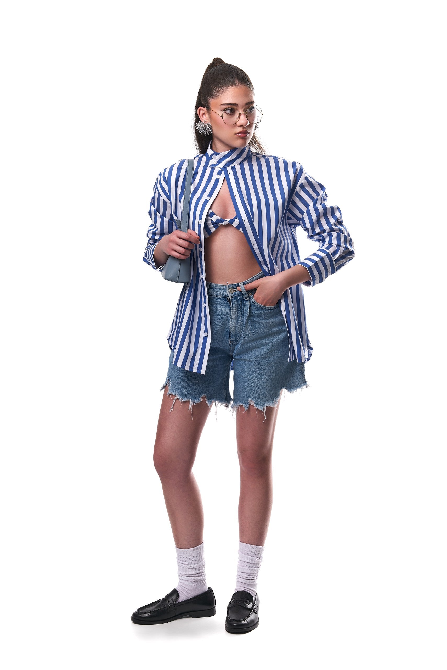 Alexa Striped Cotton Poplin 3-piece pants Co-ord In Blue (SHIRT, BRALETTE & PANTS)