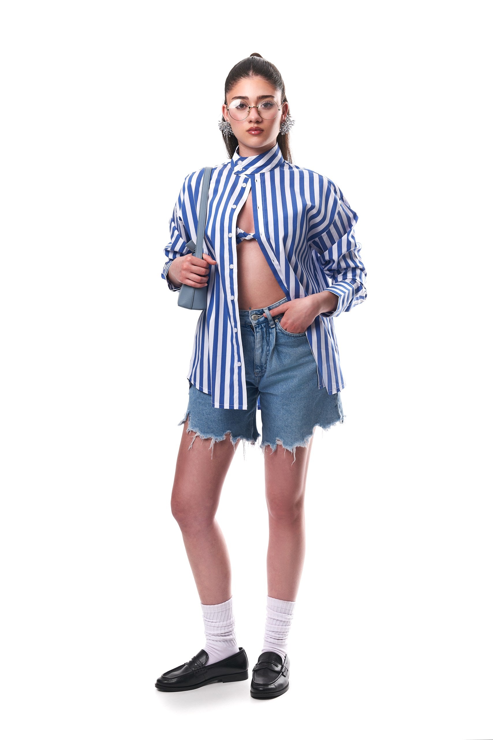 Alexa Striped Cotton Poplin 3-piece pants Co-ord In Blue (SHIRT, BRALETTE & PANTS)