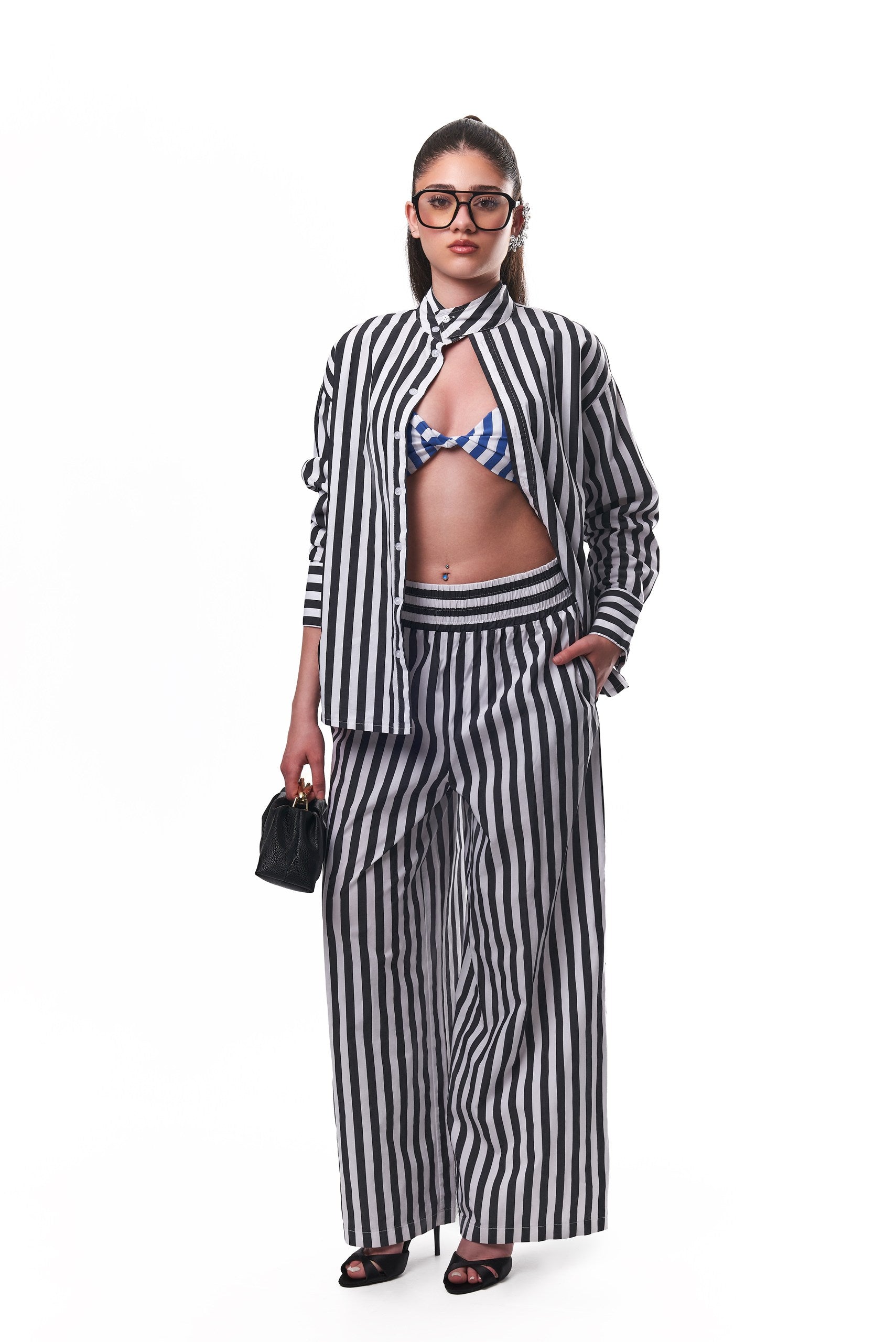 Alexa Striped Cotton Poplin 3-piece pants Co-ord In Black (SHIRT, BRALETTE & PANTS)