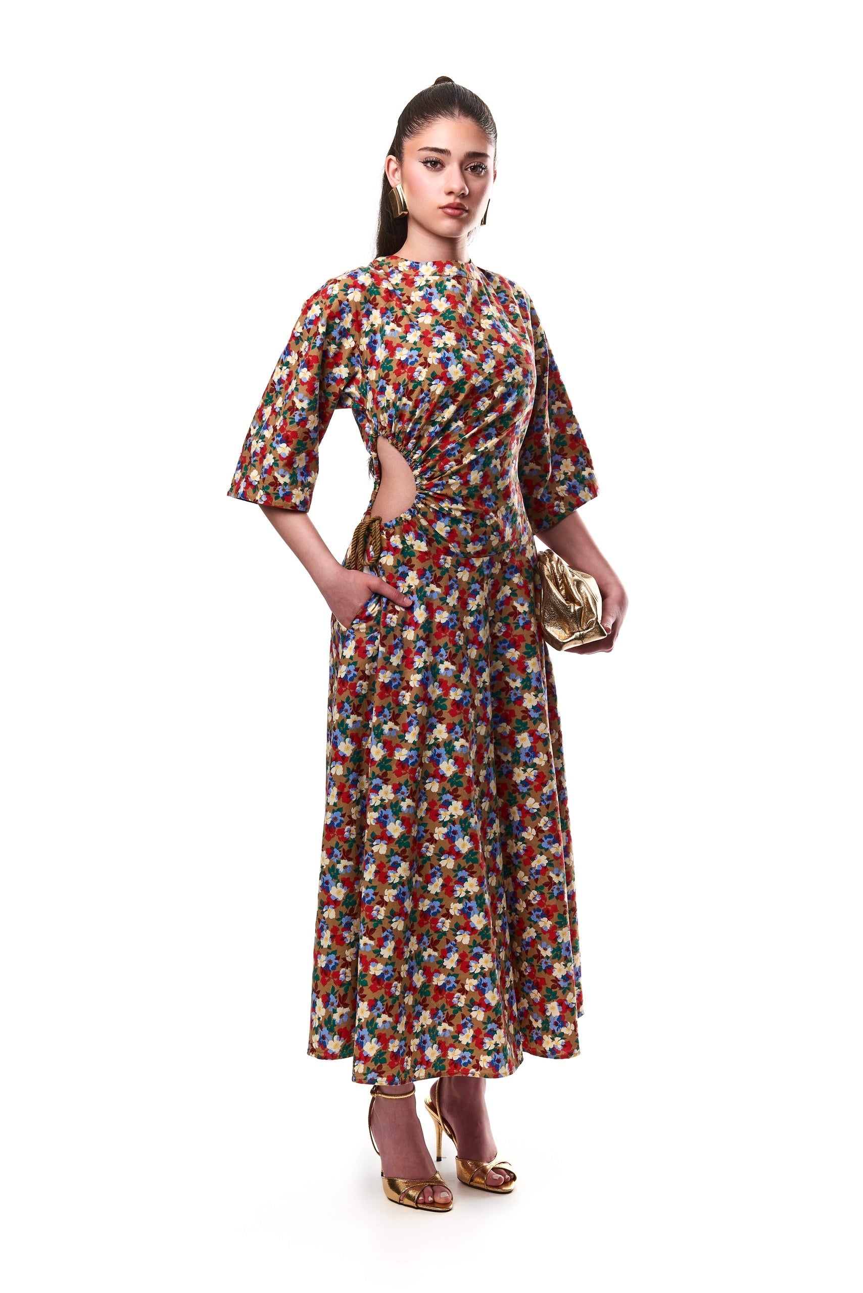 Amanda Cut Out Cotton Midi Dress In Floral