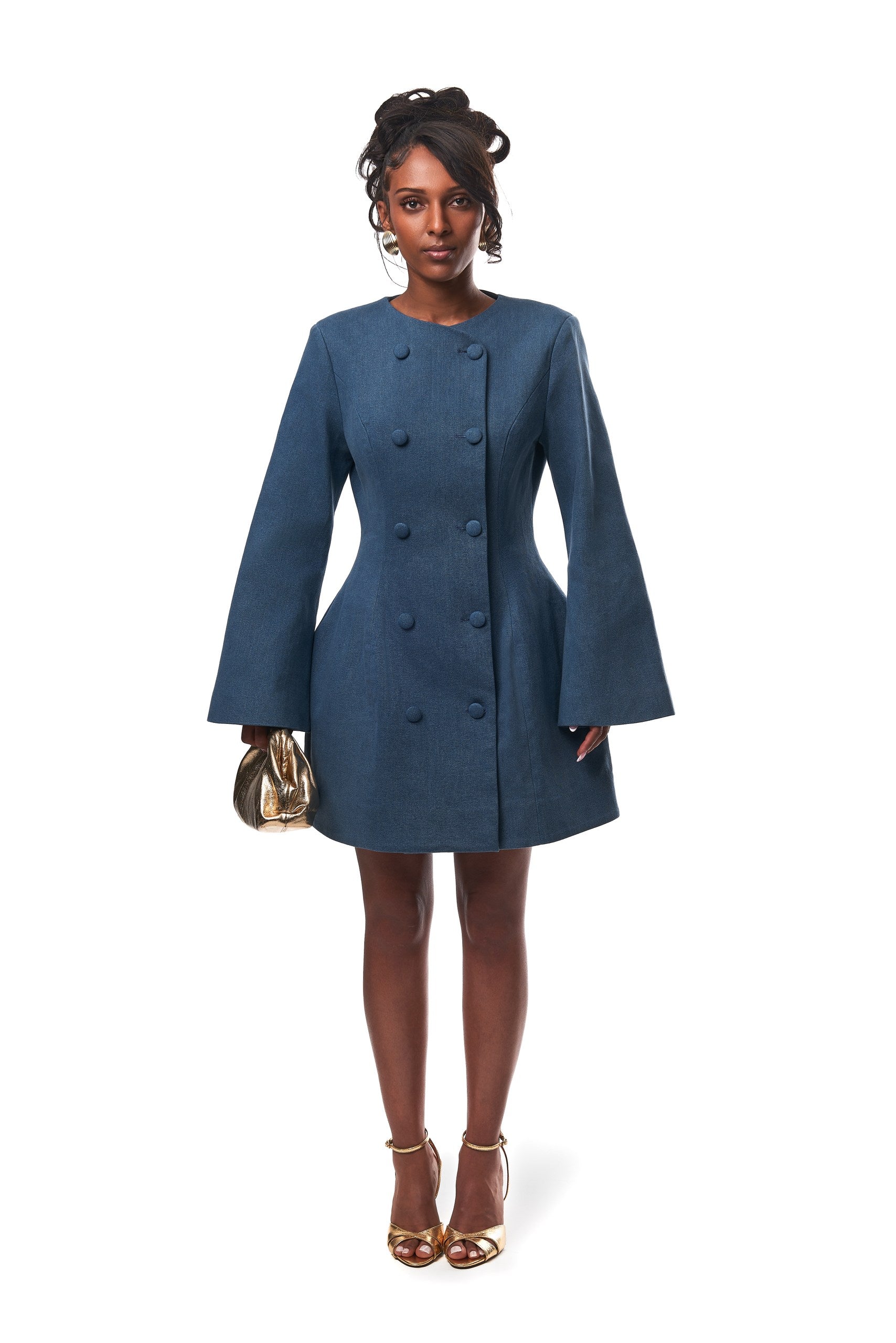 Toni Mini Denim Flared Sleeve Dress In Blue US 14