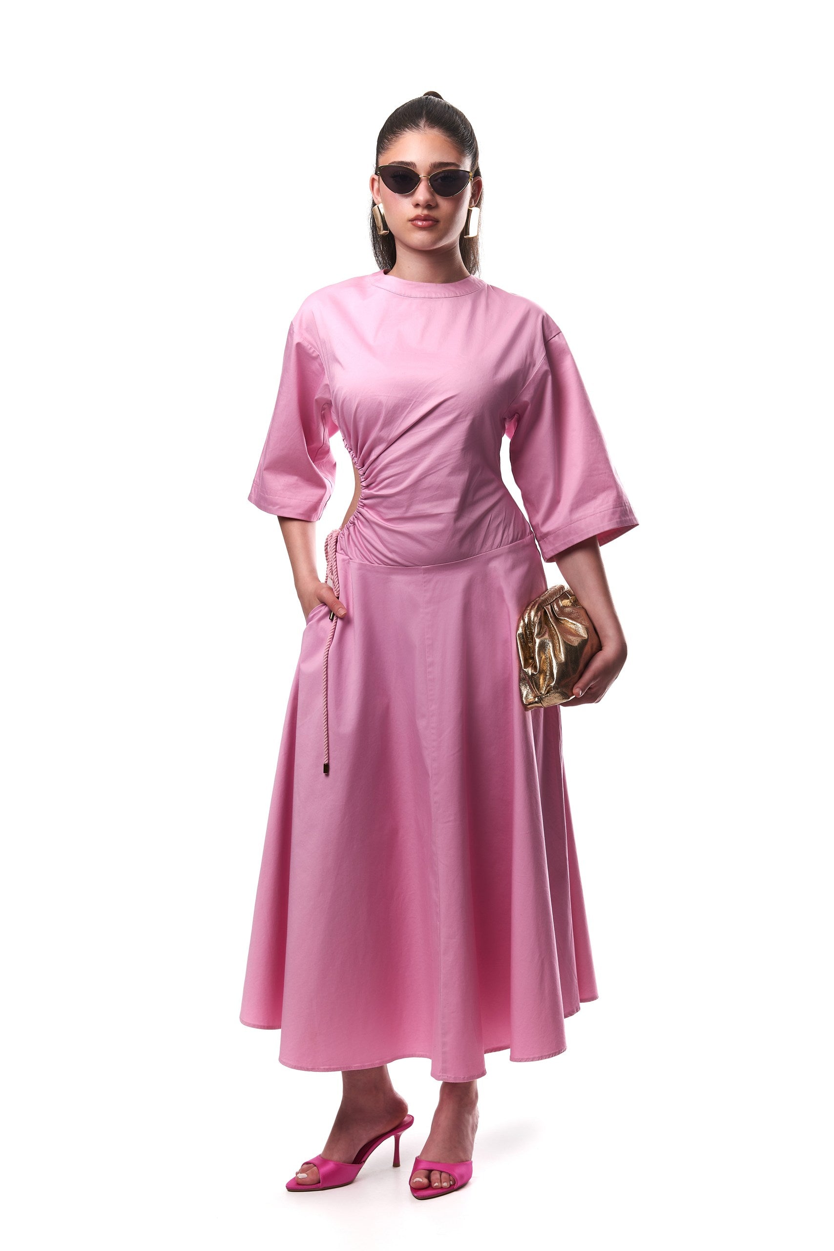 Amanda Cut Out Cotton Midi Dress In Pink