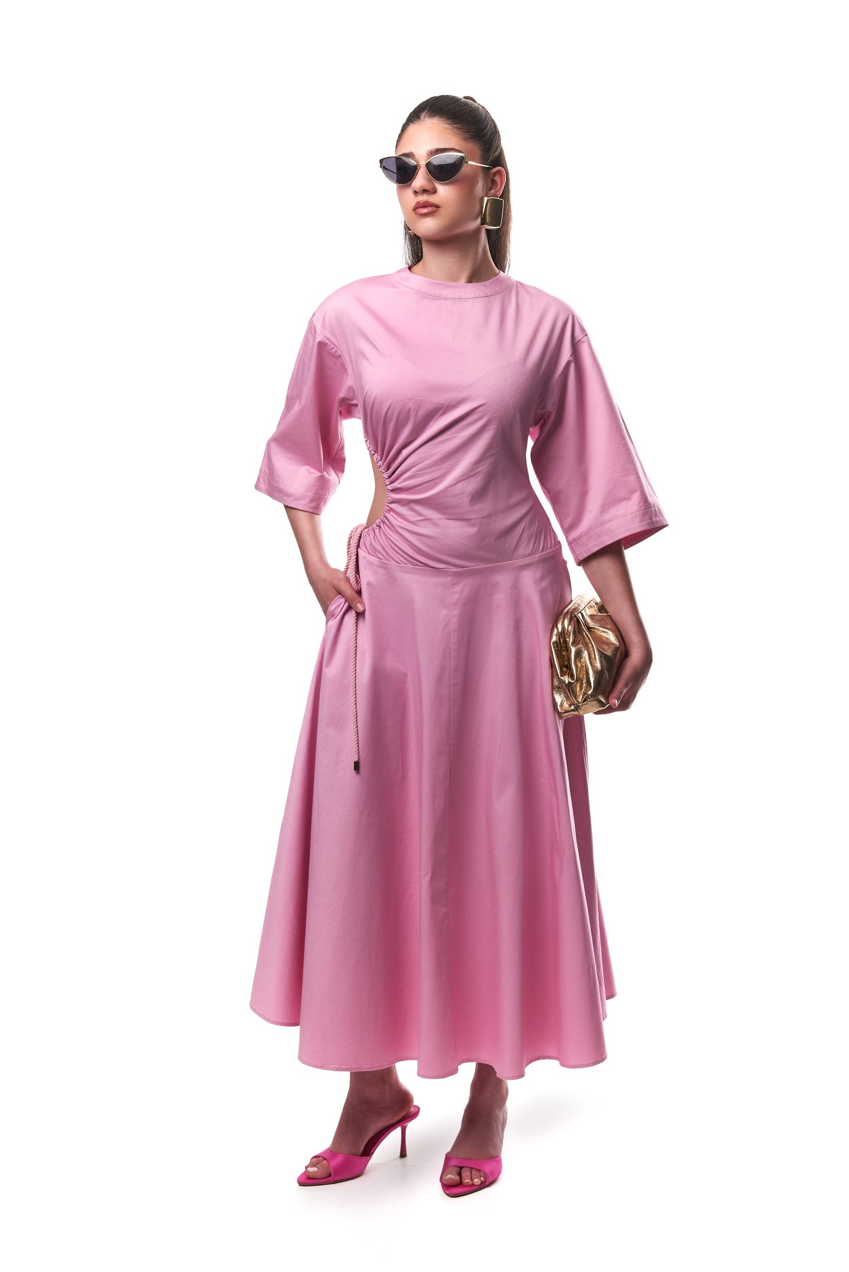 Amanda Cut Out Cotton Midi Dress In Pink