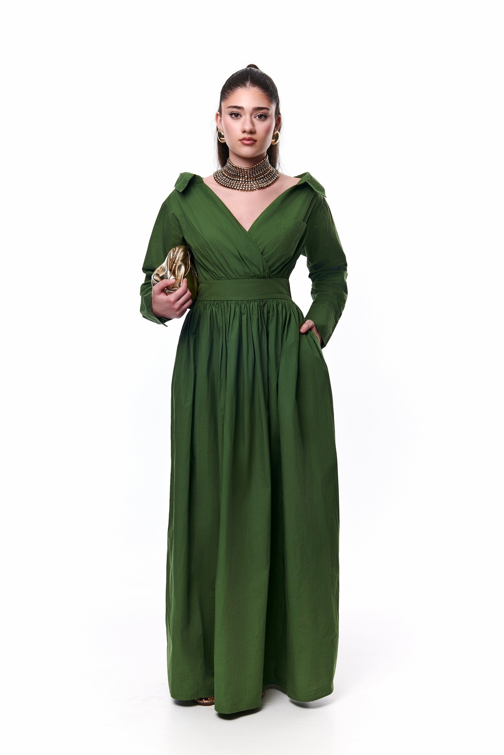 Ada Off Shoulder Cotton Maxi Length Shirt Dress- Green
