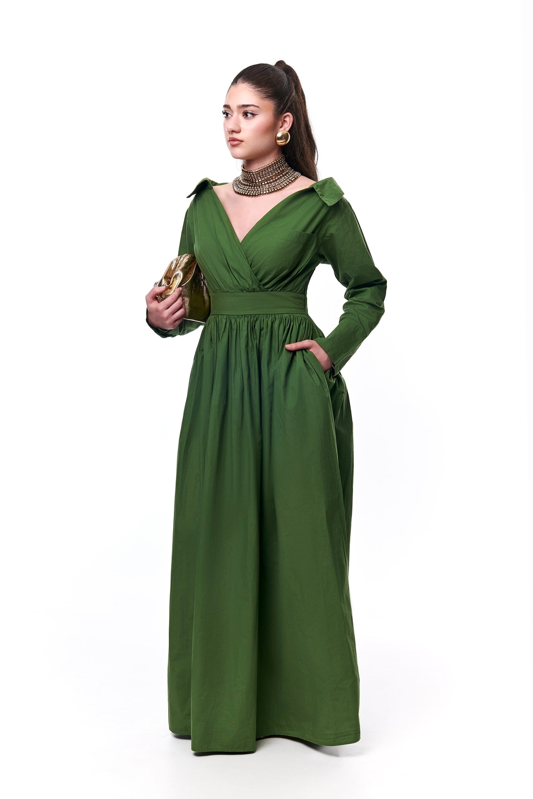 Ada Off Shoulder Cotton Maxi Length Shirt Dress- Green