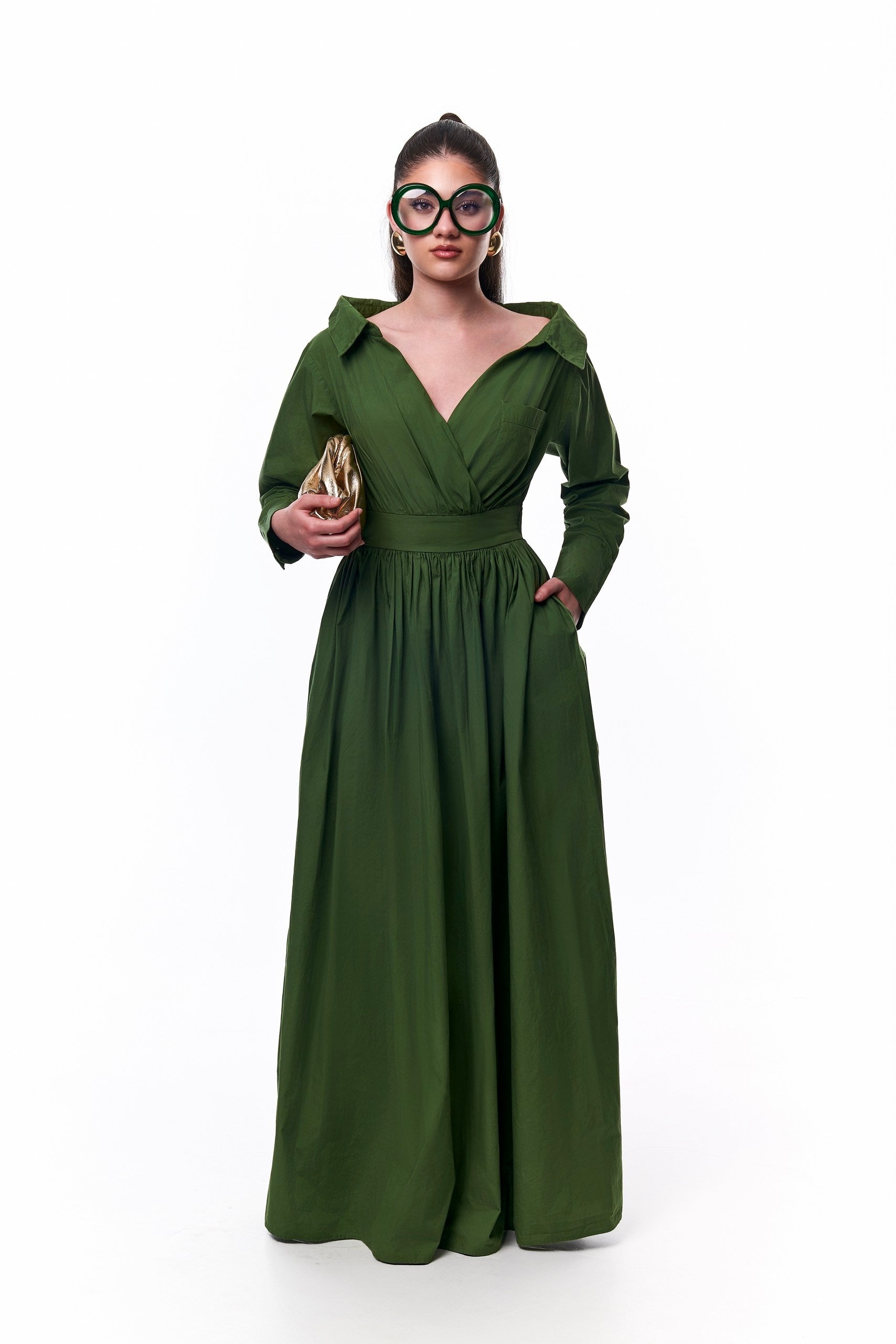 Ada Off Shoulder Cotton Maxi Length Shirt Dress- Green