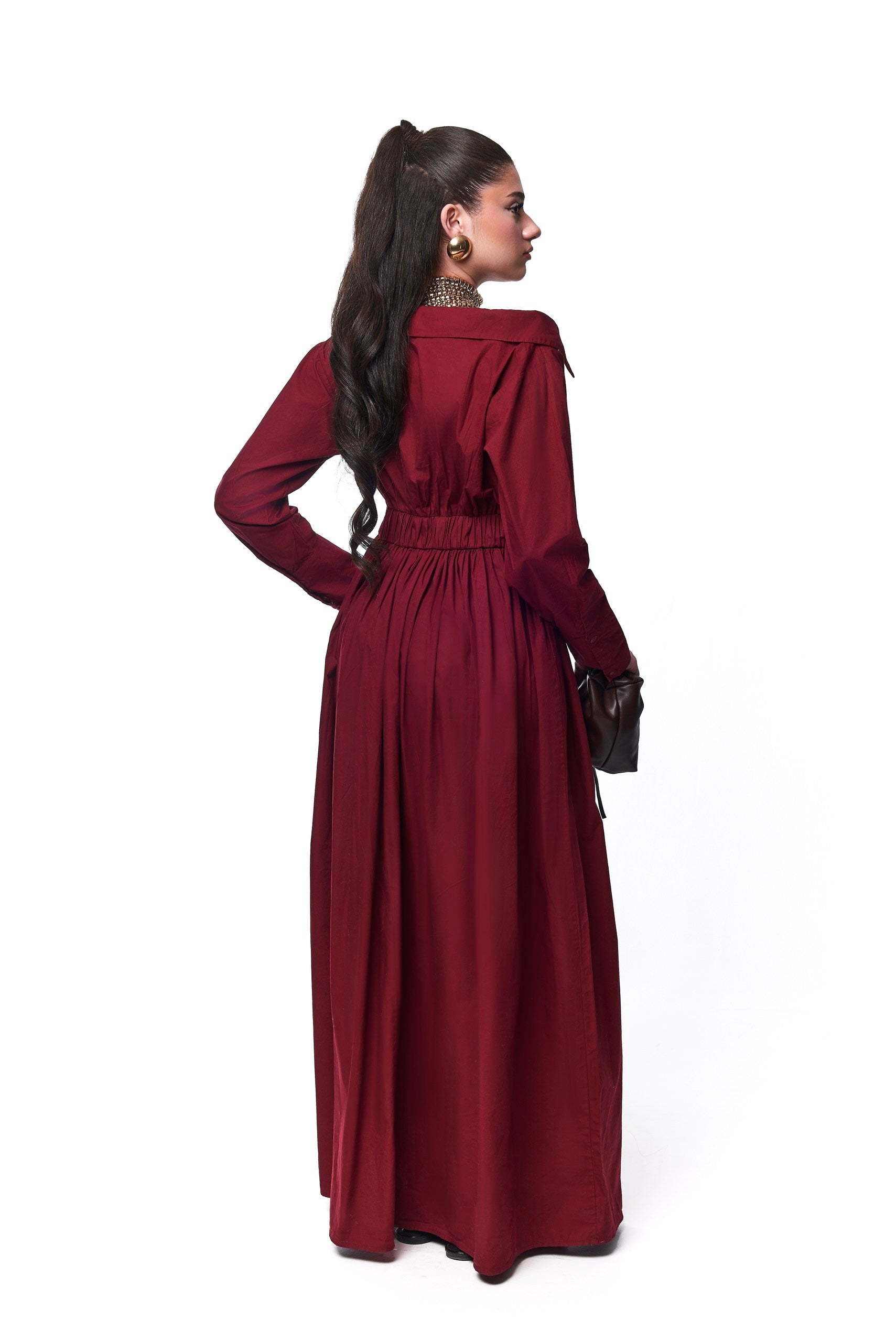 Ada Off Shoulder Cotton Maxi Length Shirt Dress In Burgundy
