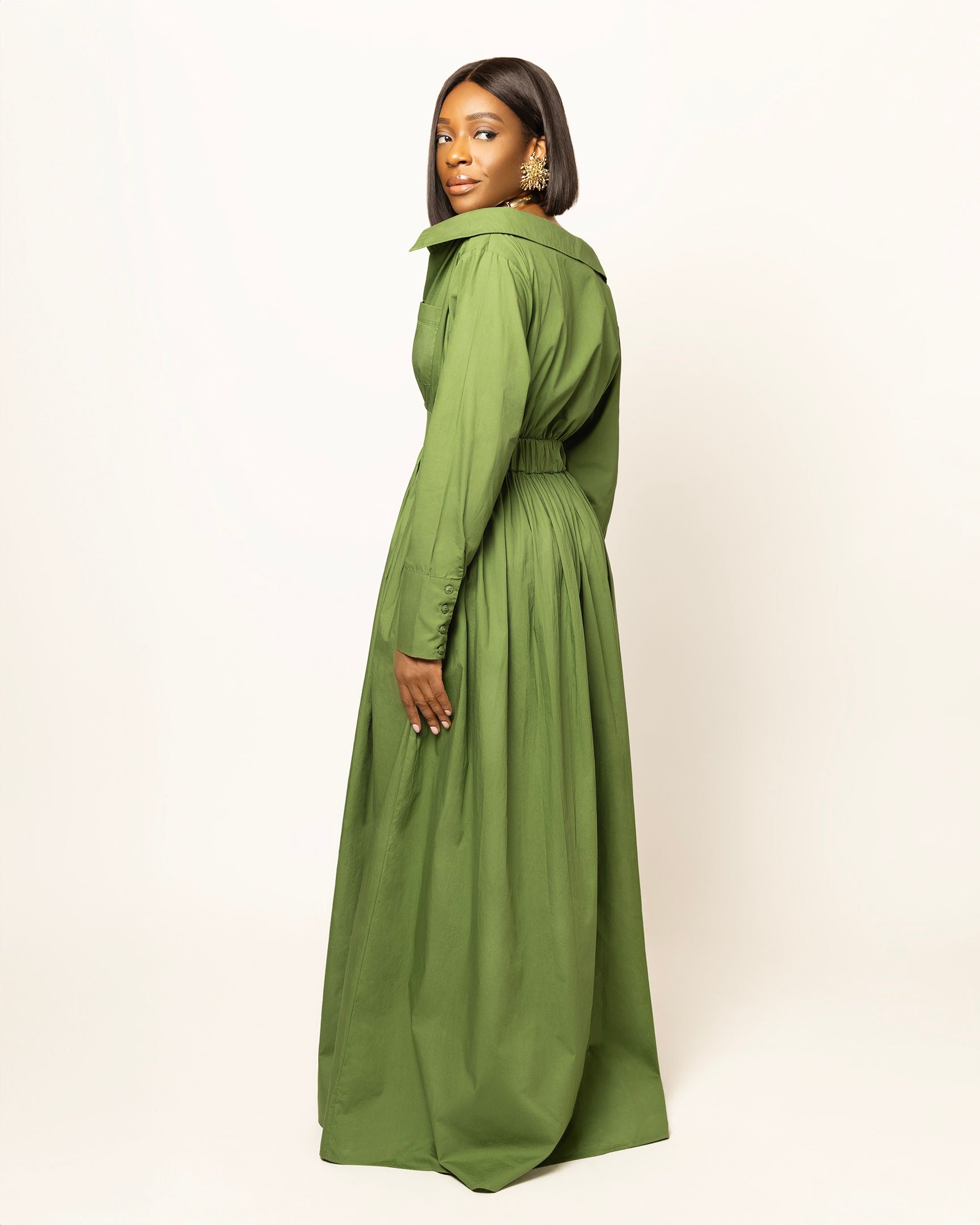 Ada Off Shoulder Cotton Maxi Length Shirt Dress- Green