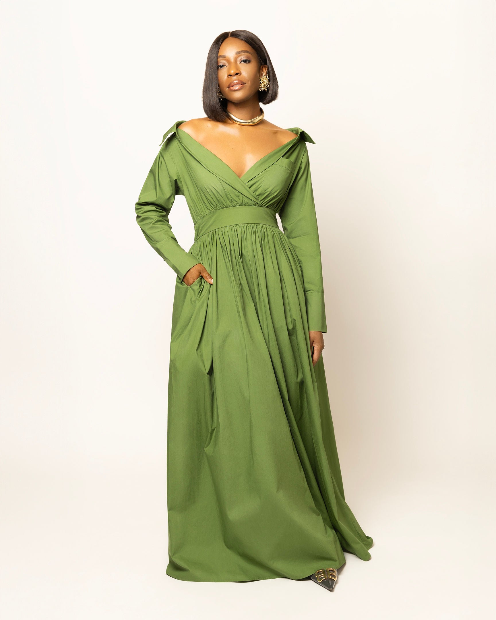 Ada Off Shoulder Cotton Maxi Length Shirt Dress- Green