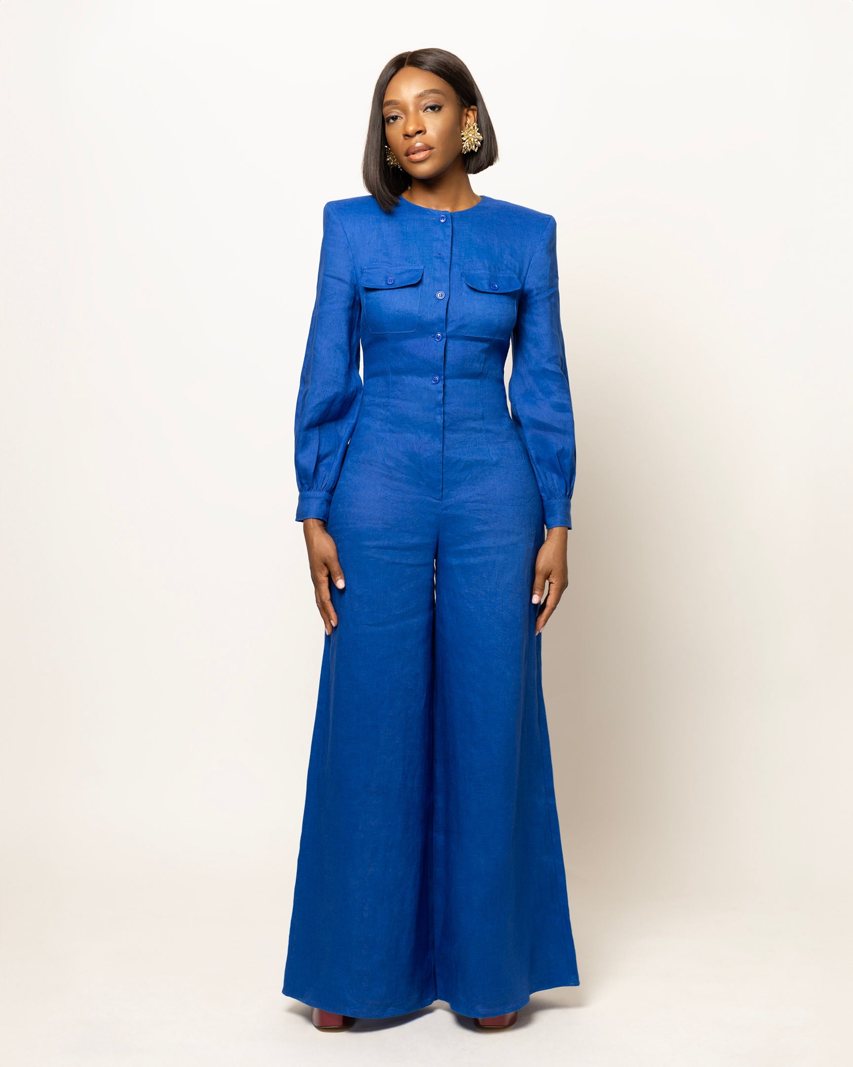 Sasha Wide Leg Linen Jumpsuit With Shoulder Pads In Blue