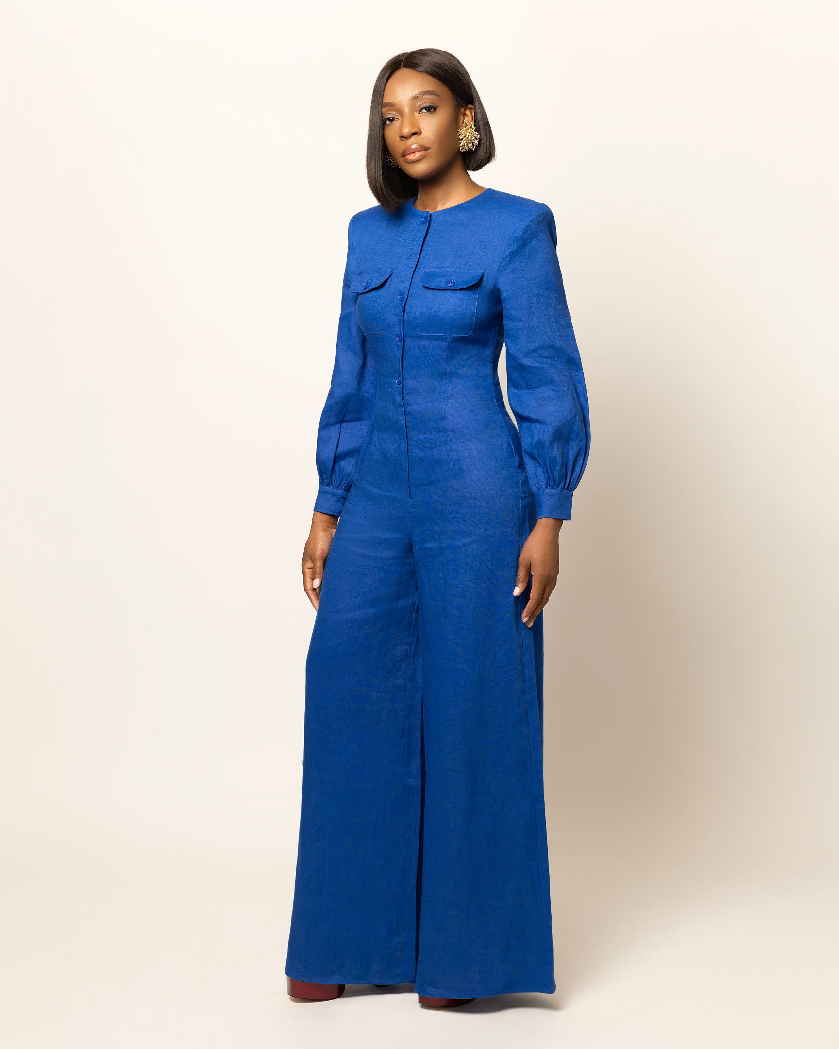 Sasha Wide Leg Linen Jumpsuit With Shoulder Pads In Blue