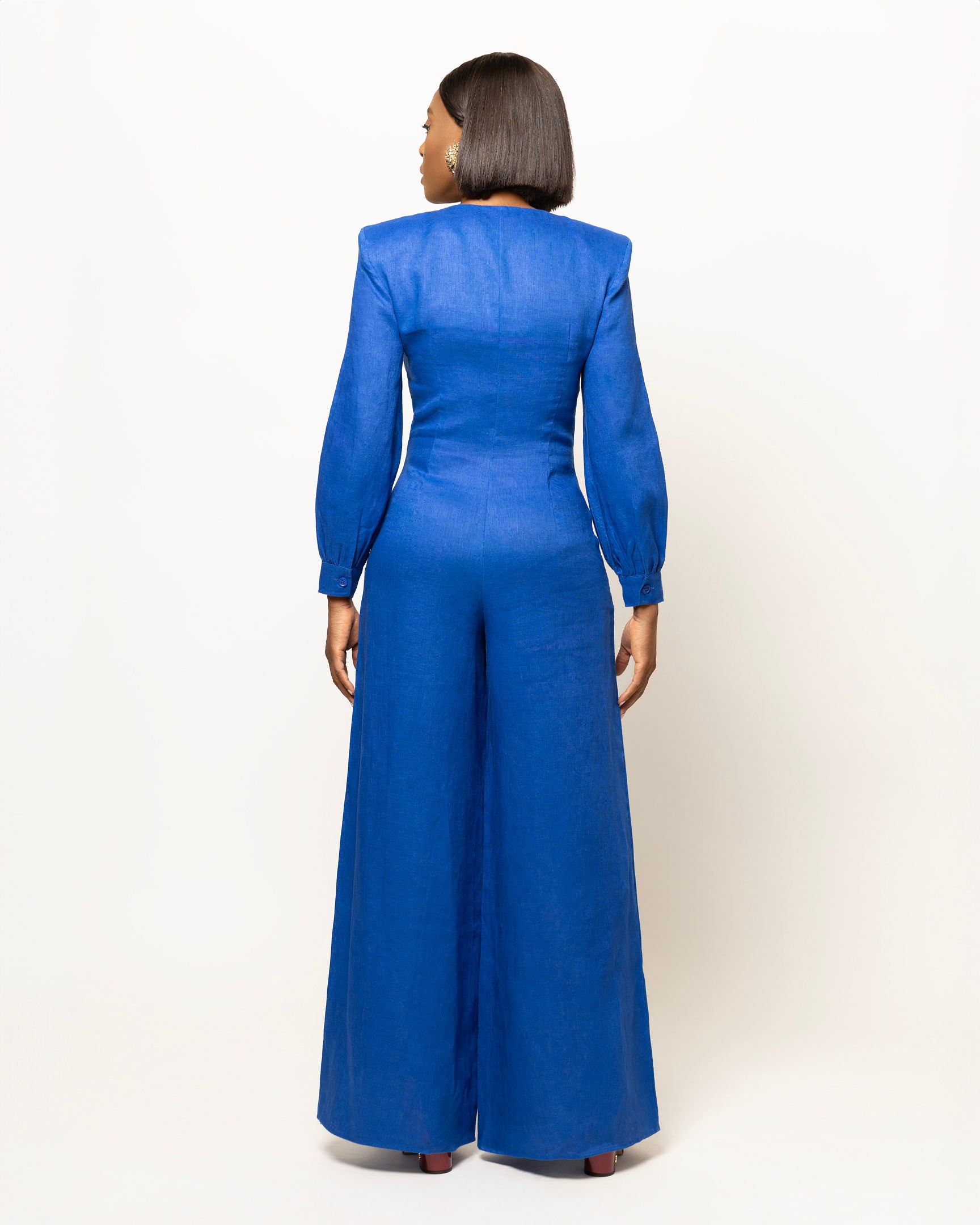 Sasha Wide Leg Linen Jumpsuit With Shoulder Pads In Blue