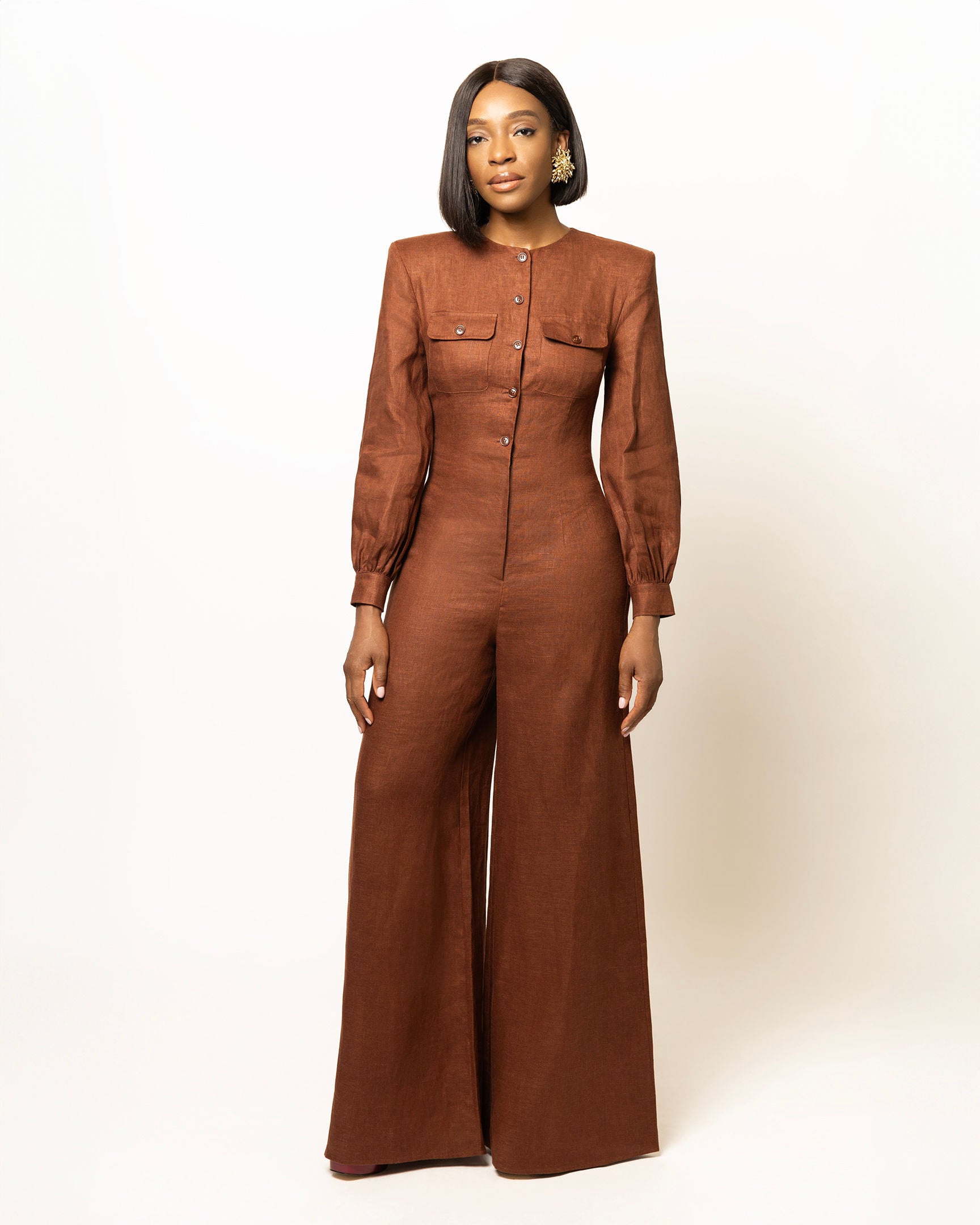 Sasha Wide Leg Linen Jumpsuit With Shoulder Pads- Cocoa