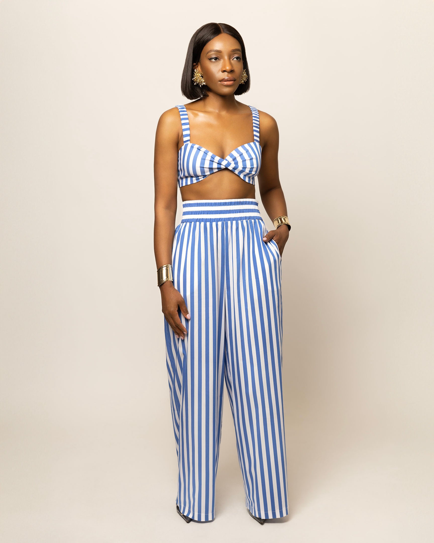 Alexa Striped Cotton Poplin 3-piece pants Co-ord In Blue (SHIRT, BRALETTE & PANTS)