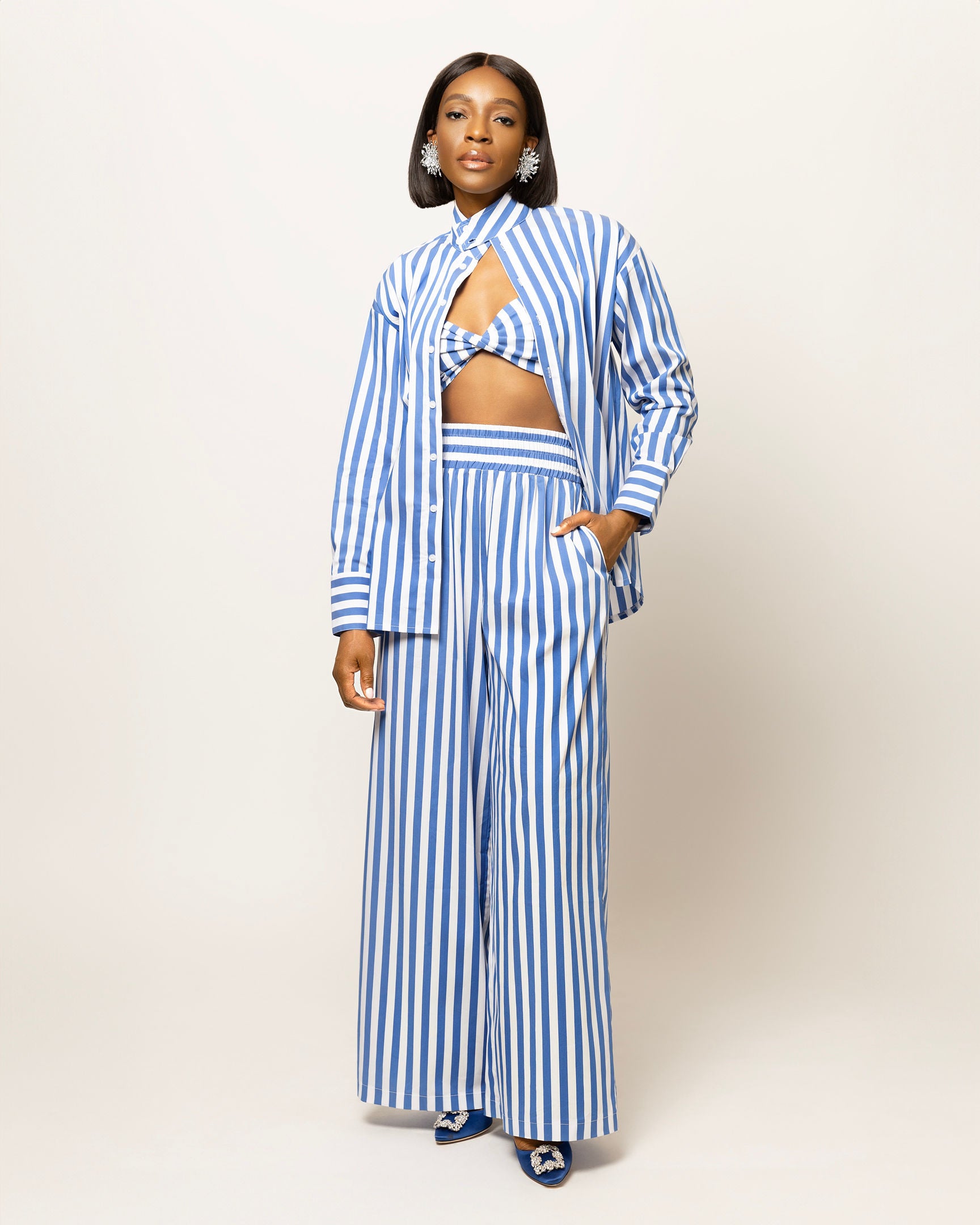 Alexa Striped Cotton Poplin 3-piece pants Co-ord In Blue (SHIRT, BRALETTE & PANTS)