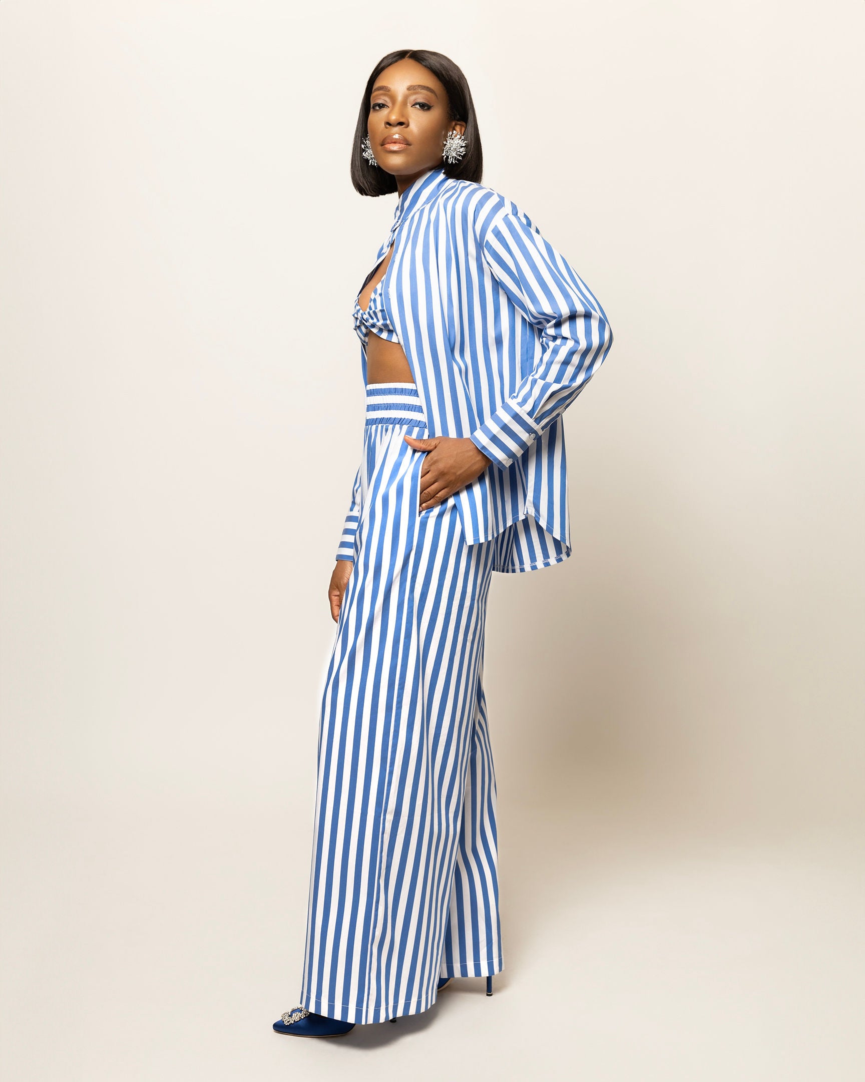 Alexa Striped Cotton Poplin 3-piece pants Co-ord In Blue (SHIRT, BRALETTE & PANTS)