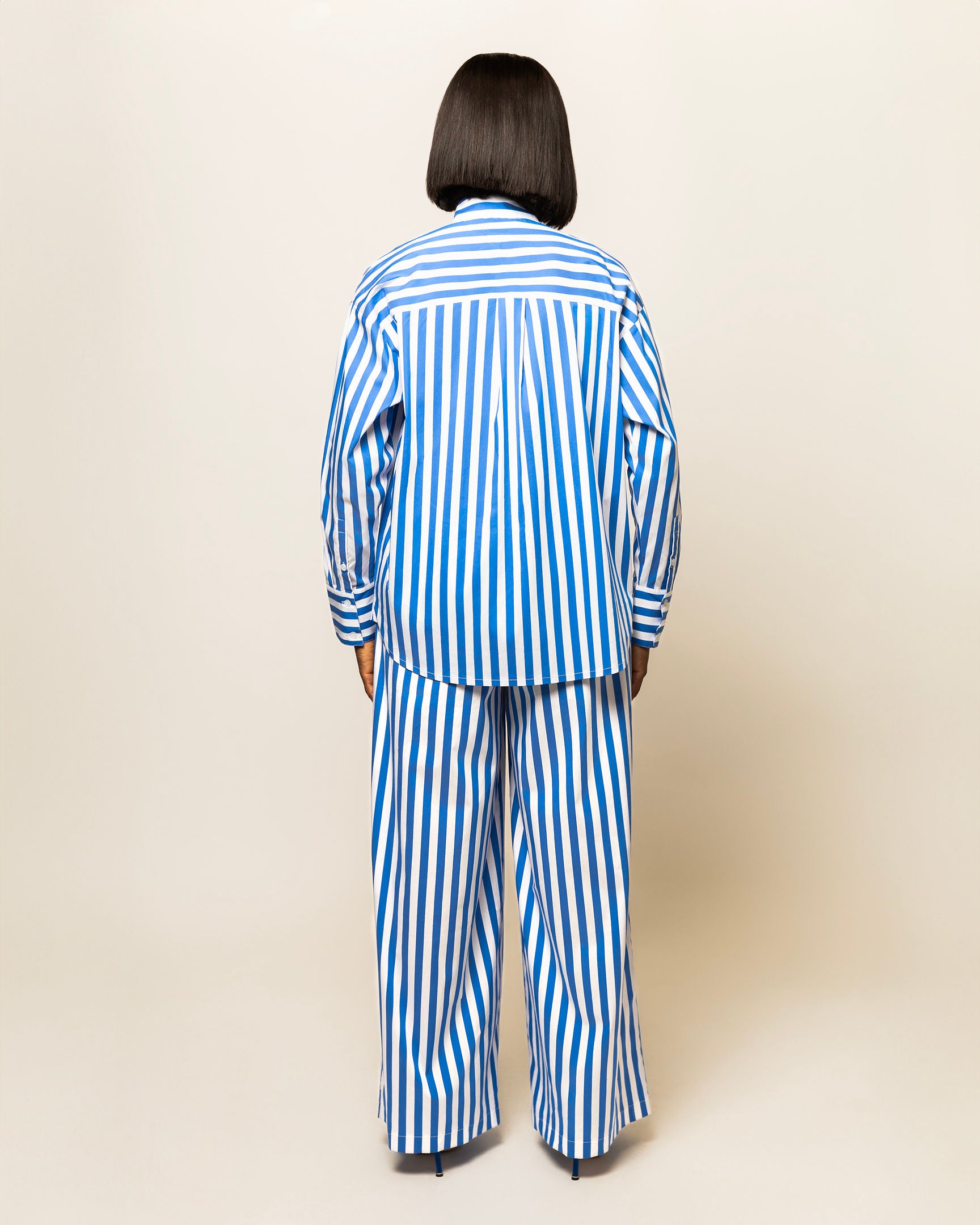 Alexa Striped Cotton Poplin 3-piece pants Co-ord In Blue (SHIRT, BRALETTE & PANTS)