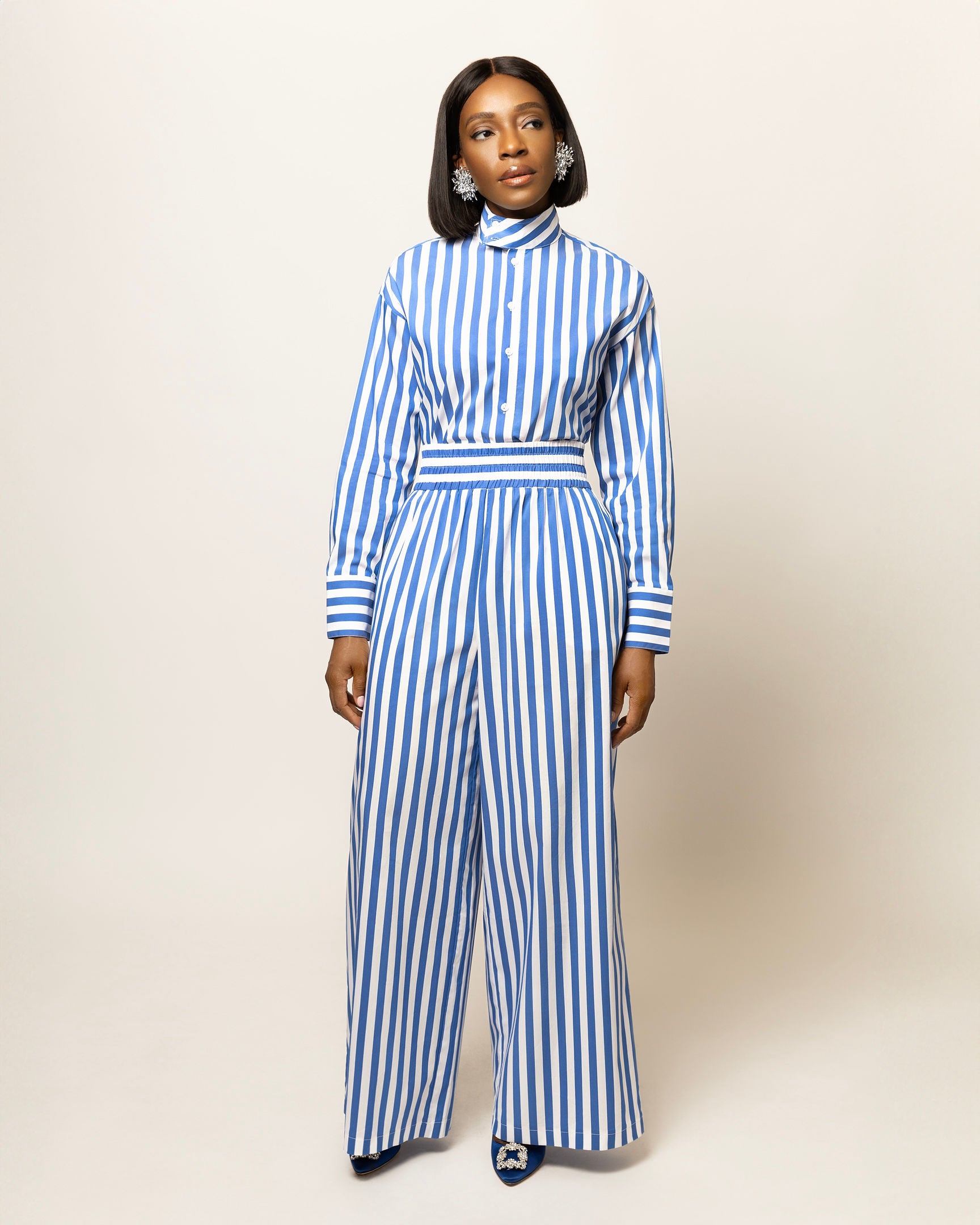 Alexa Striped Cotton Poplin 3-piece pants Co-ord In Blue (SHIRT, BRALETTE & PANTS)