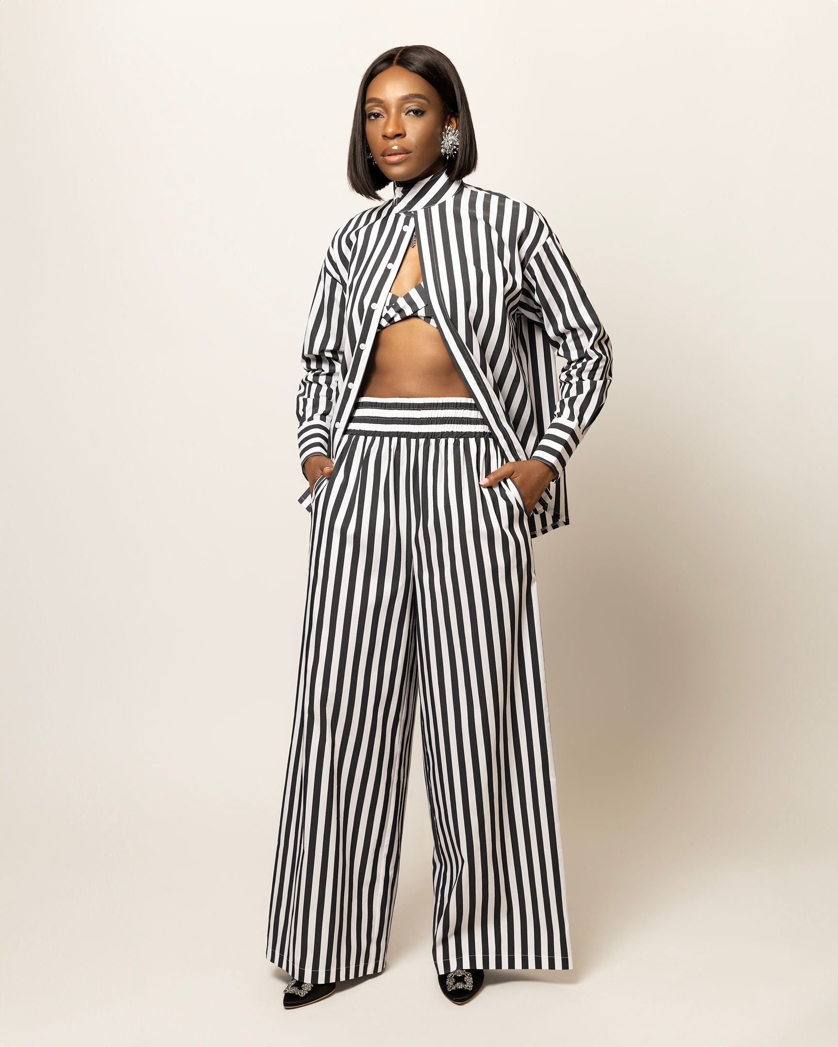 Alexa Striped Cotton Poplin 3-piece pants Co-ord In Black (SHIRT, BRALETTE & PANTS)