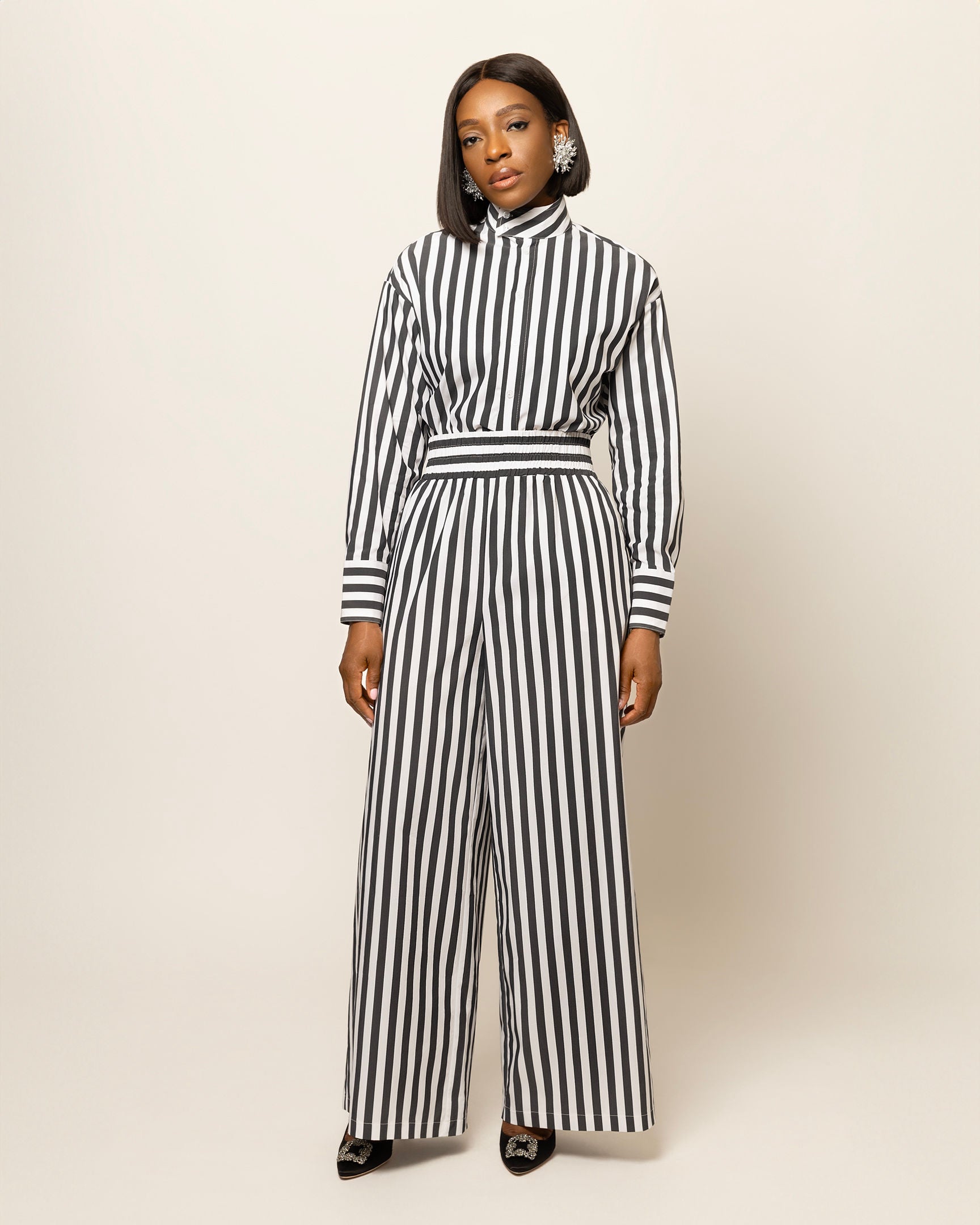 Alexa Striped Cotton Poplin 3-piece pants Co-ord In Black (SHIRT, BRALETTE & PANTS)