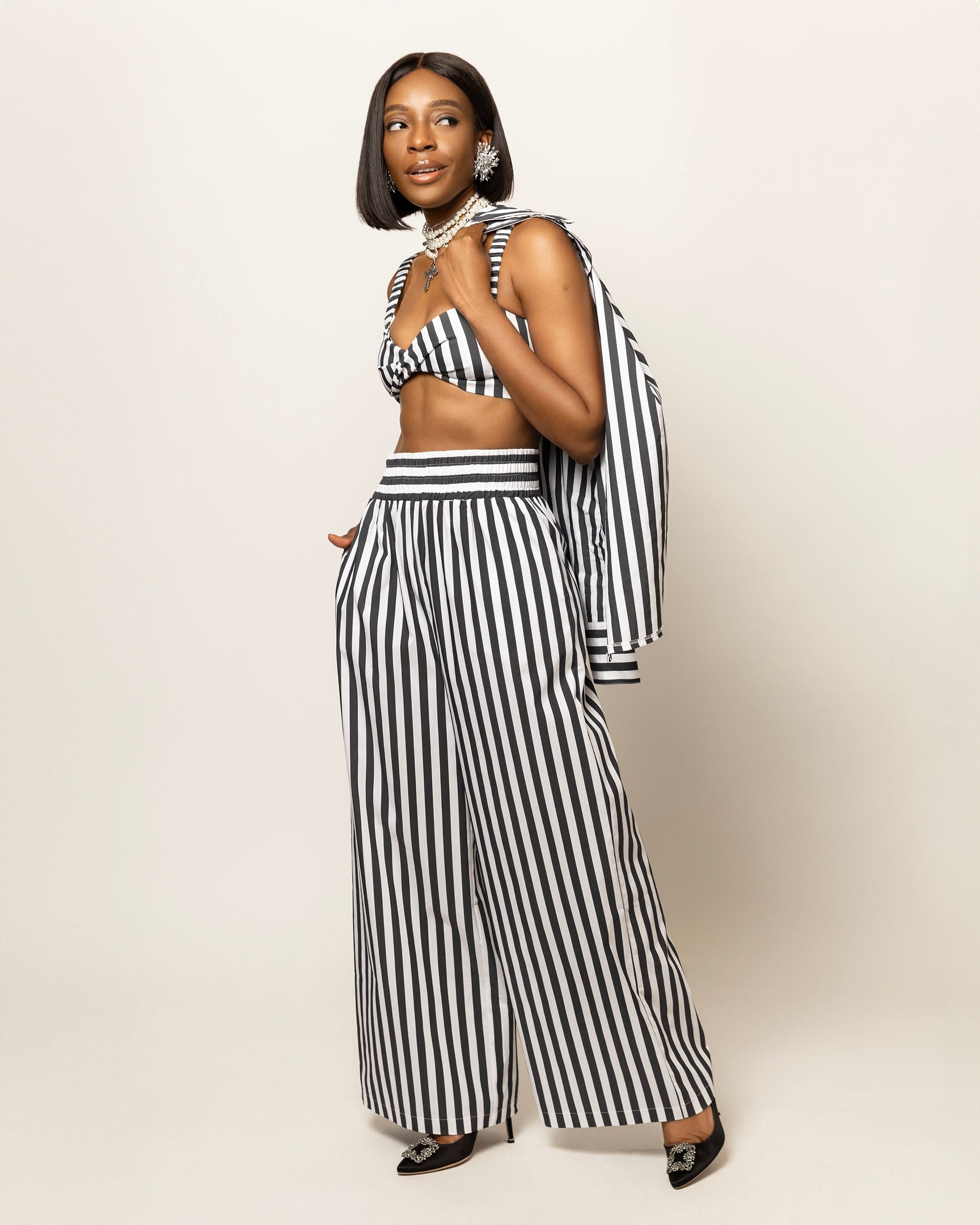 Alexa Striped Cotton Poplin 3-piece pants Co-ord In Black (SHIRT, BRALETTE & PANTS)
