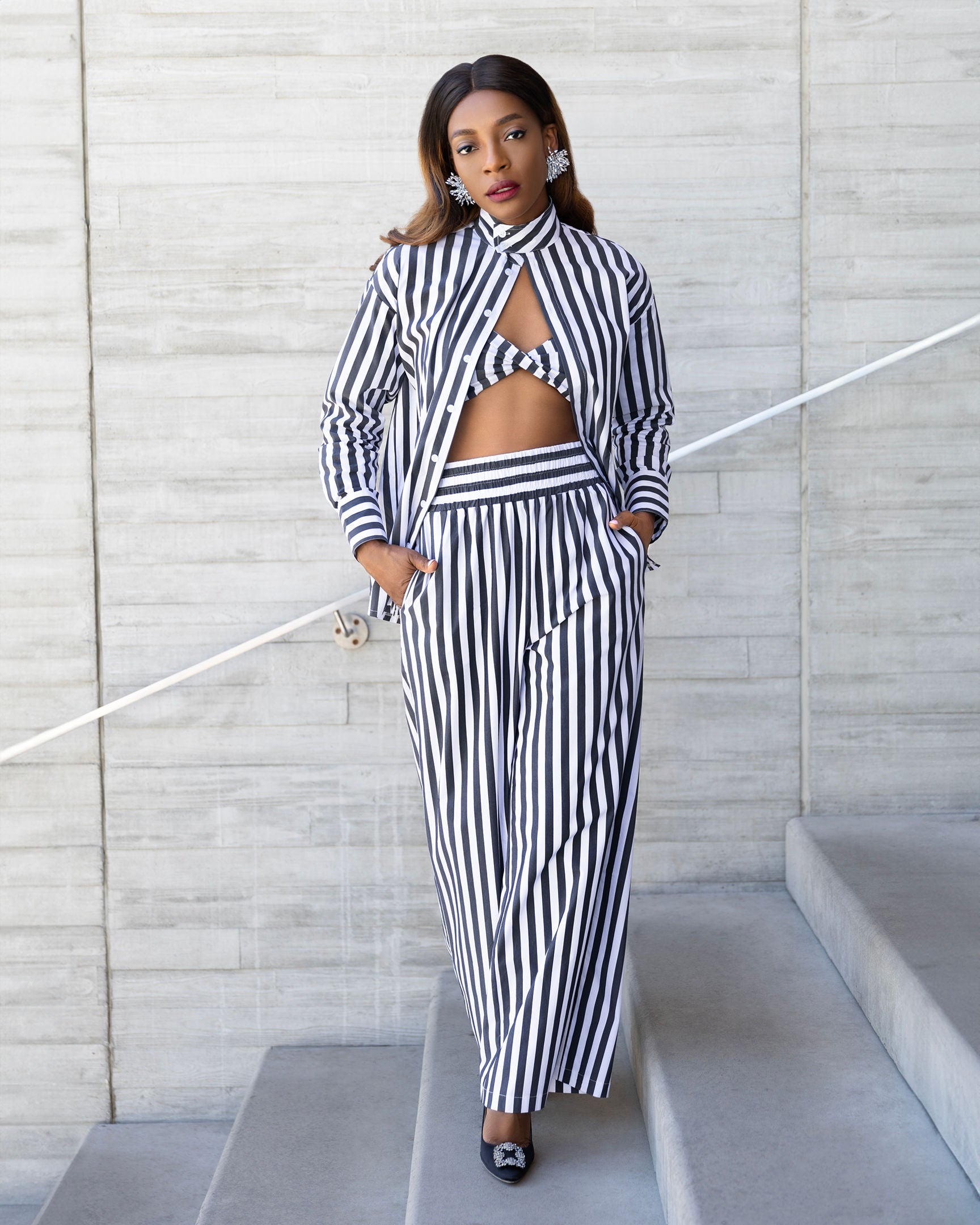 Alexa Striped Cotton Poplin 3-piece pants Co-ord In Black (SHIRT, BRALETTE & PANTS)