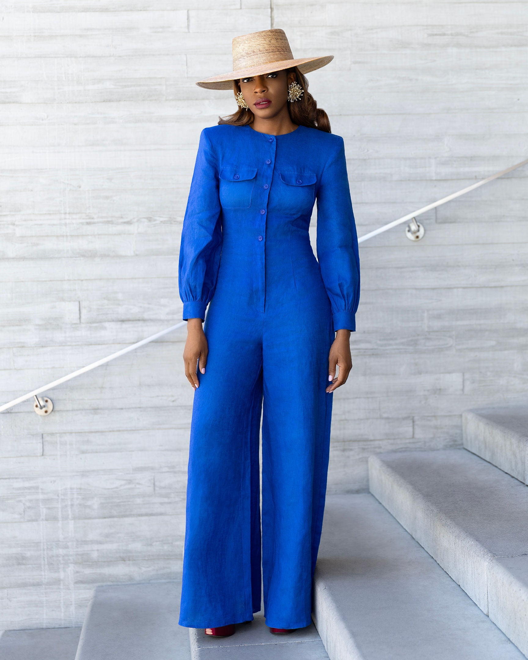 Sasha Wide Leg Linen Jumpsuit With Shoulder Pads In Blue