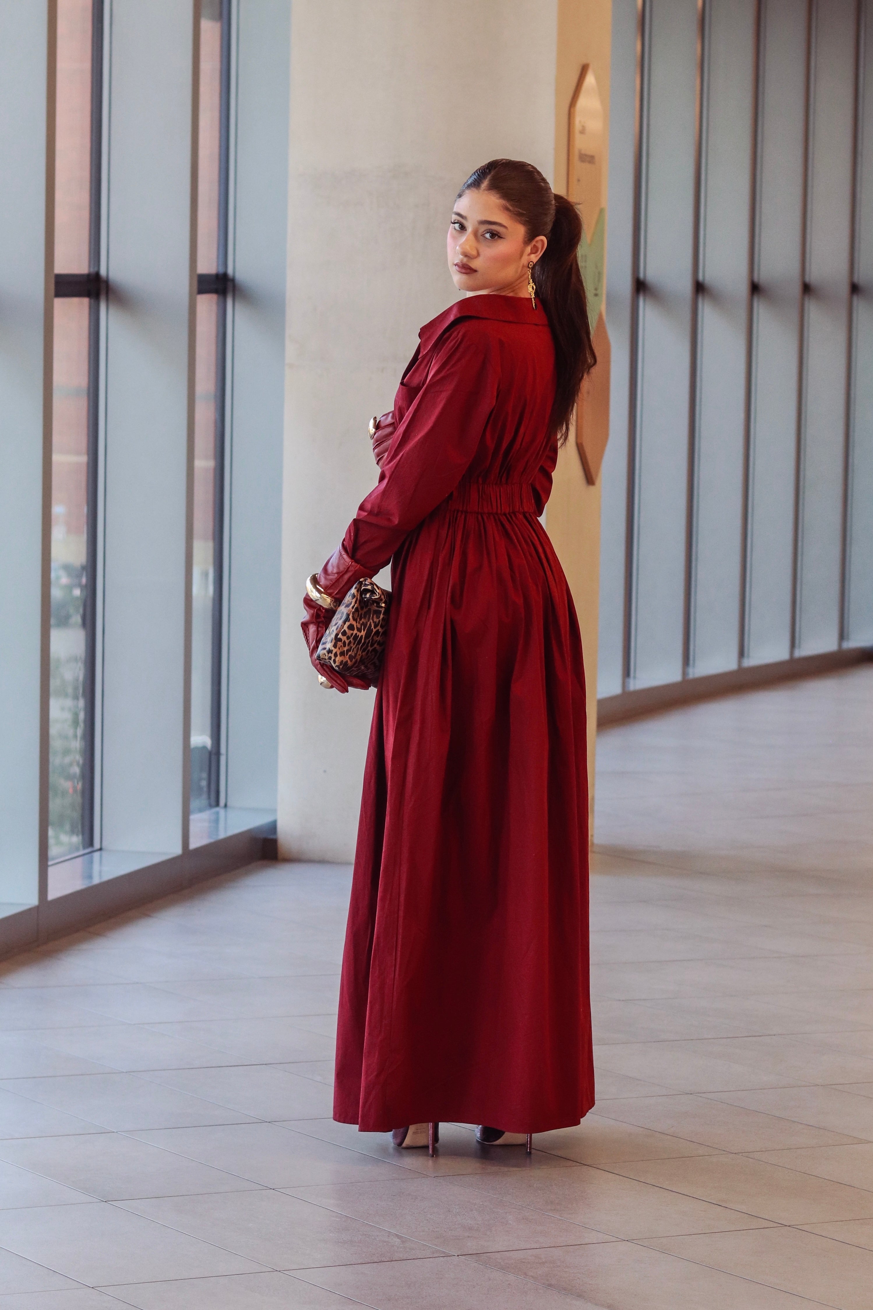 Ada Off Shoulder Cotton Maxi Length Shirt Dress In Burgundy
