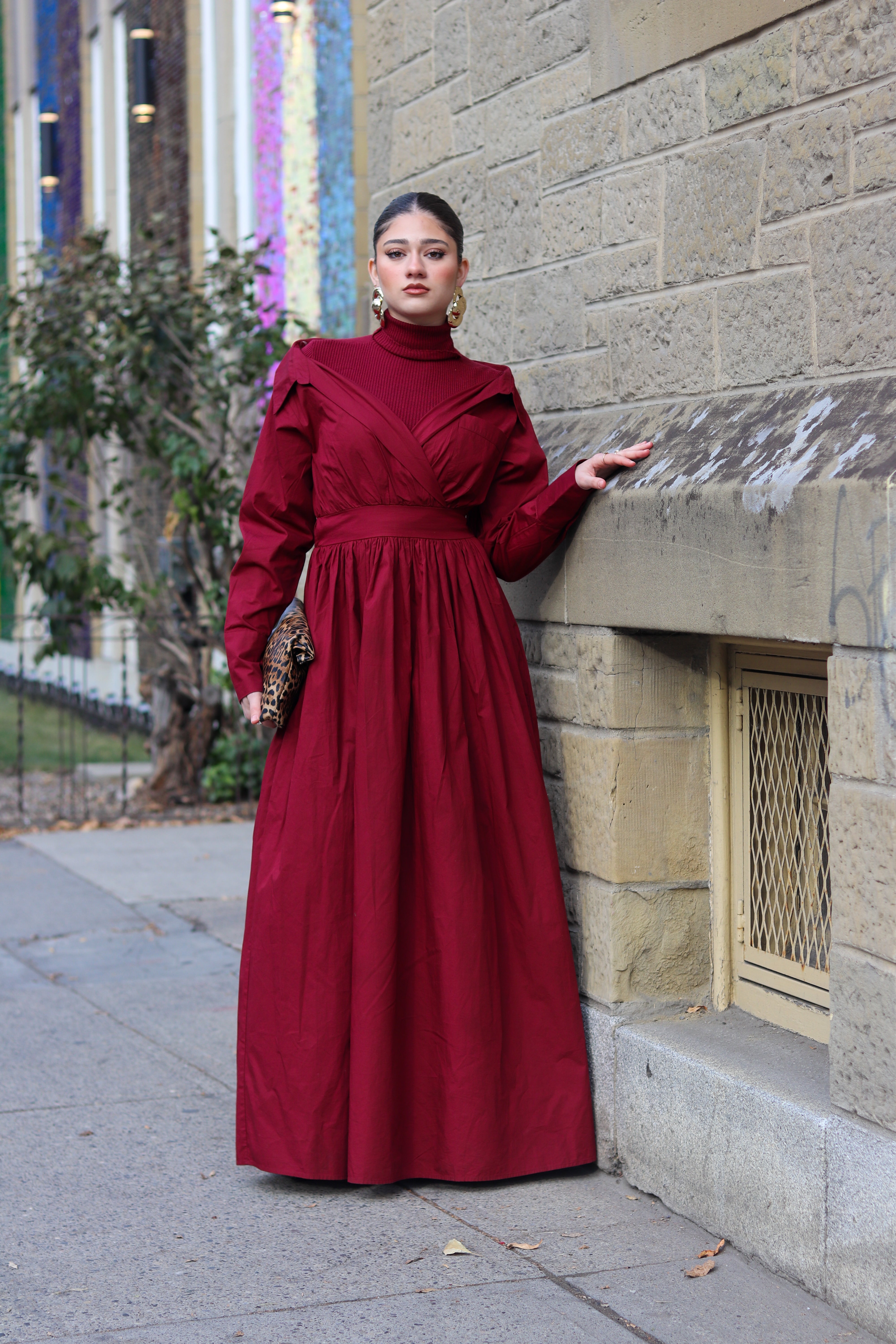 Ada Off Shoulder Cotton Maxi Length Shirt Dress In Burgundy
