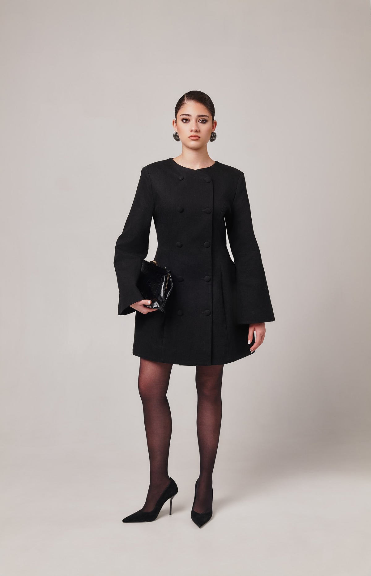 Toni Mini Denim Flared Sleeve Dress In Black