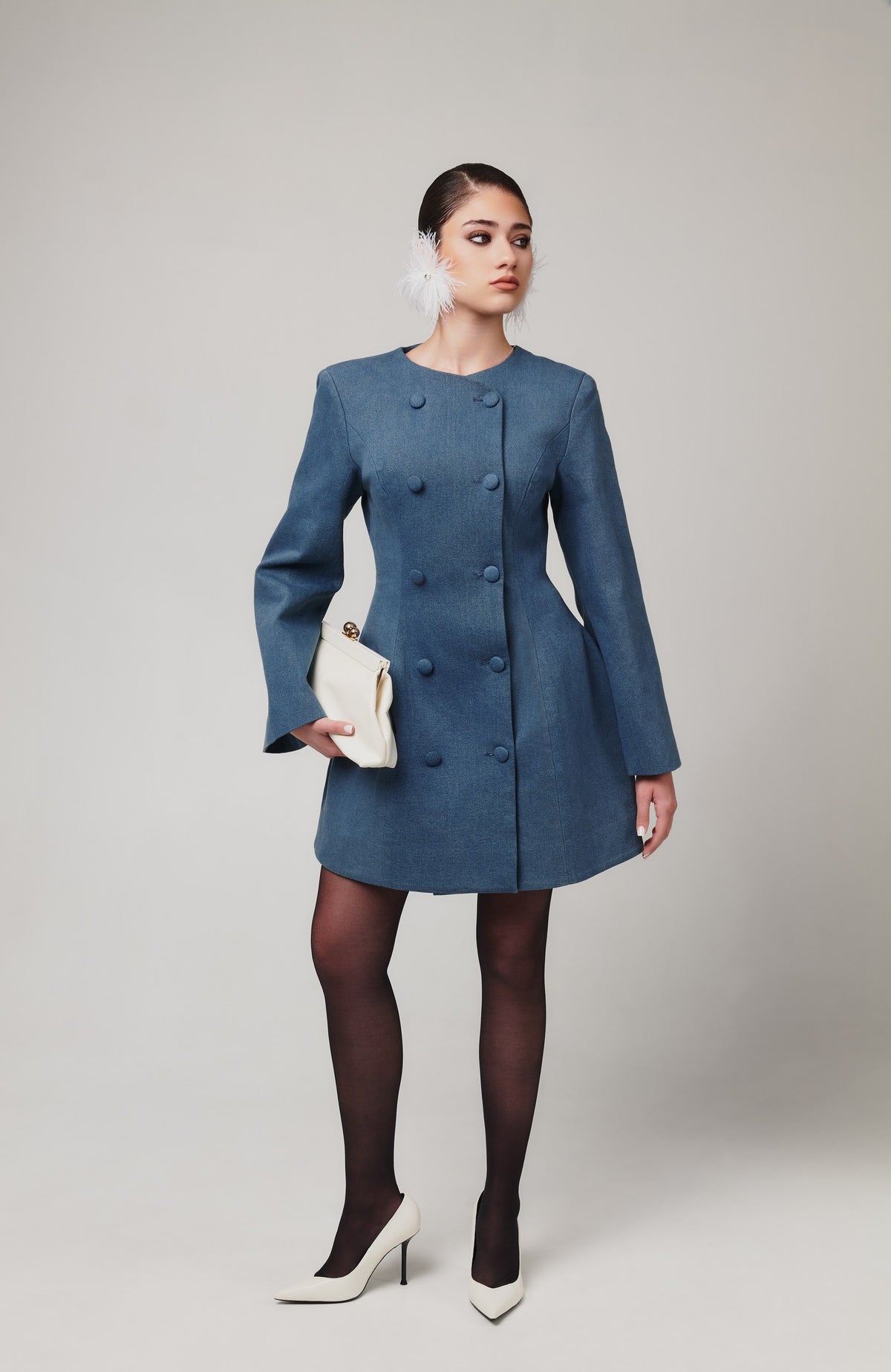 Toni Mini Denim Flared Sleeve Dress In Blue