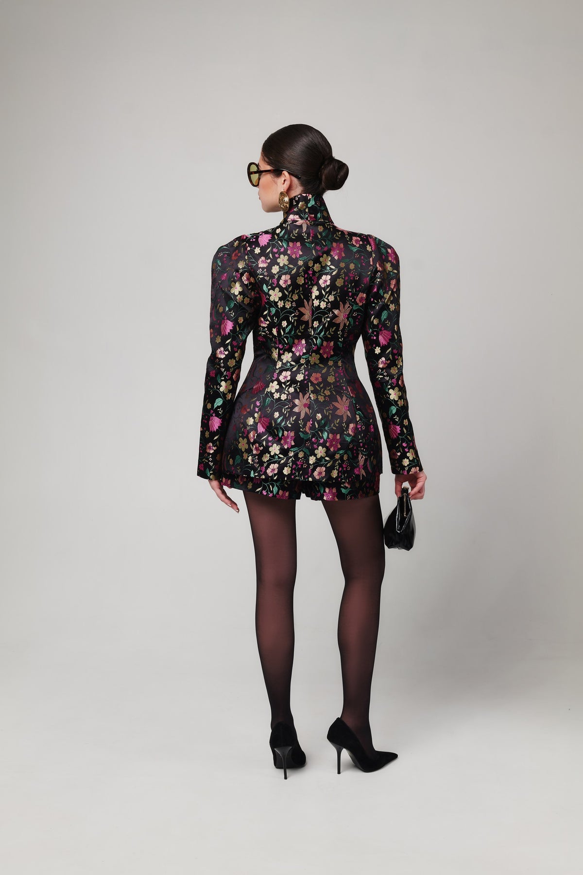Stella Jacquard Floral Cinched Blazer With Statement Gold Buttons