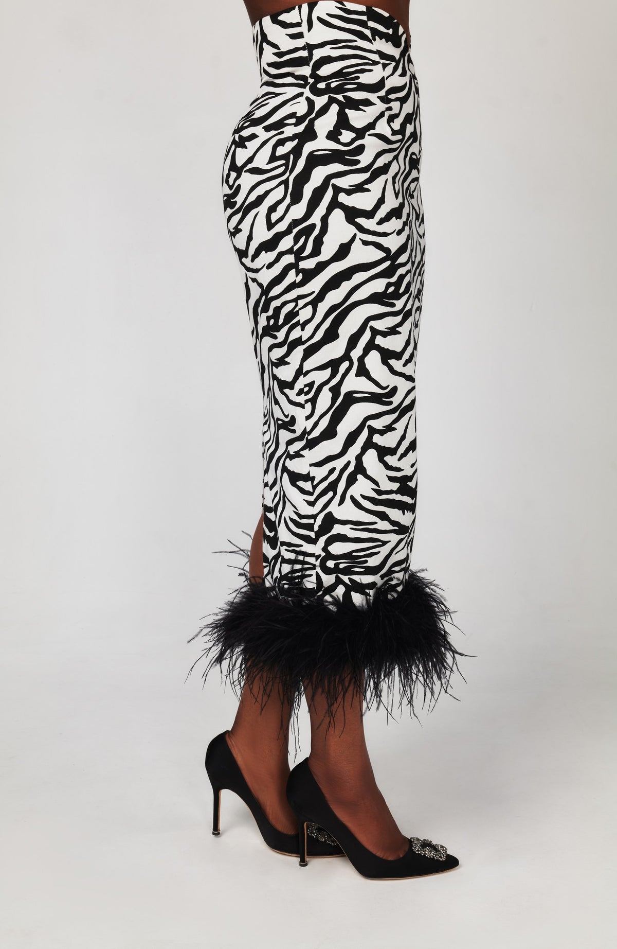 Oge Denim Zebra Pencil Skirt with Ostrich Feather Hem