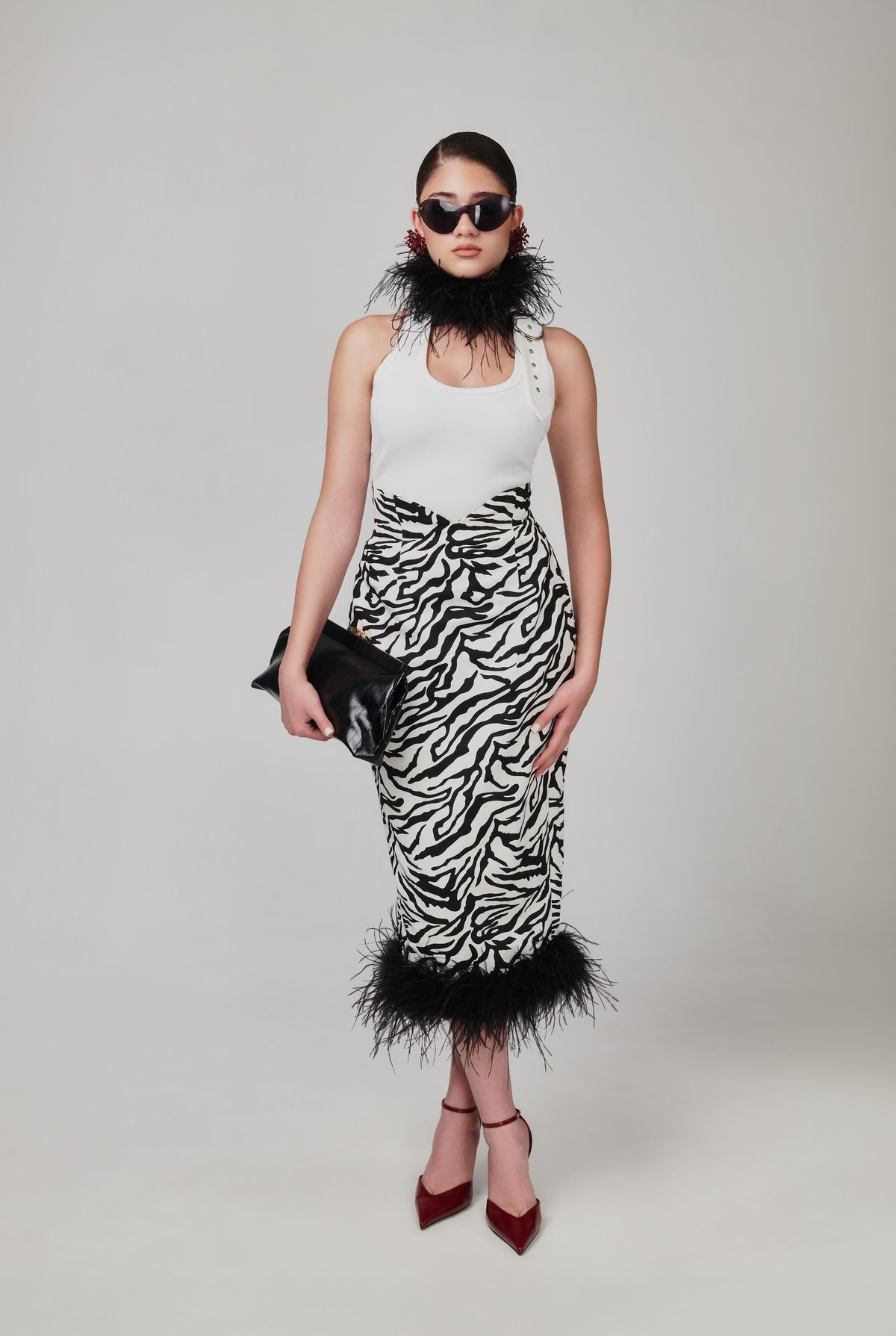Oge Denim Zebra Pencil Skirt with Ostrich Feather Hem