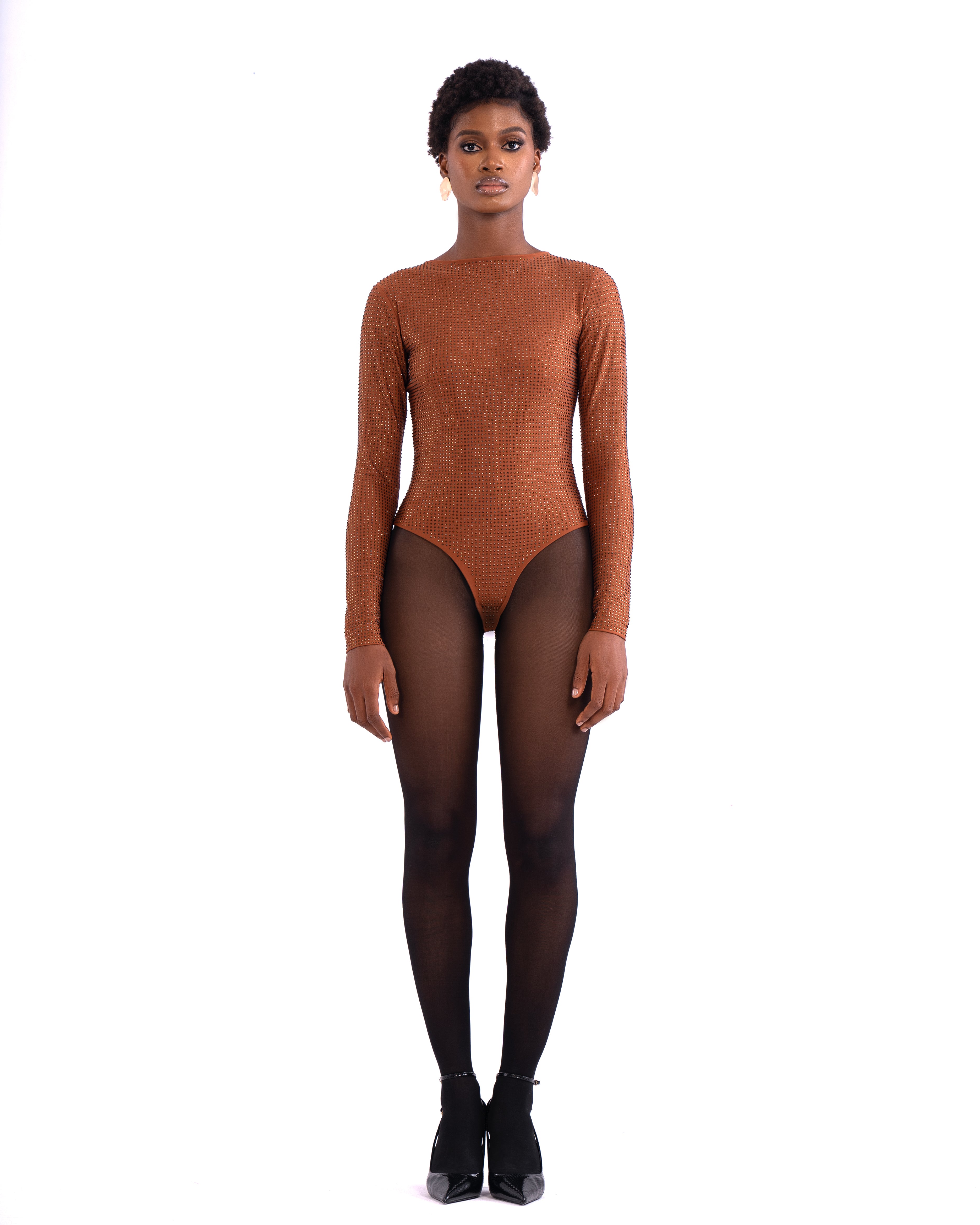 Gina Crystal Embellished stretch Bodysuit In Cocoa
