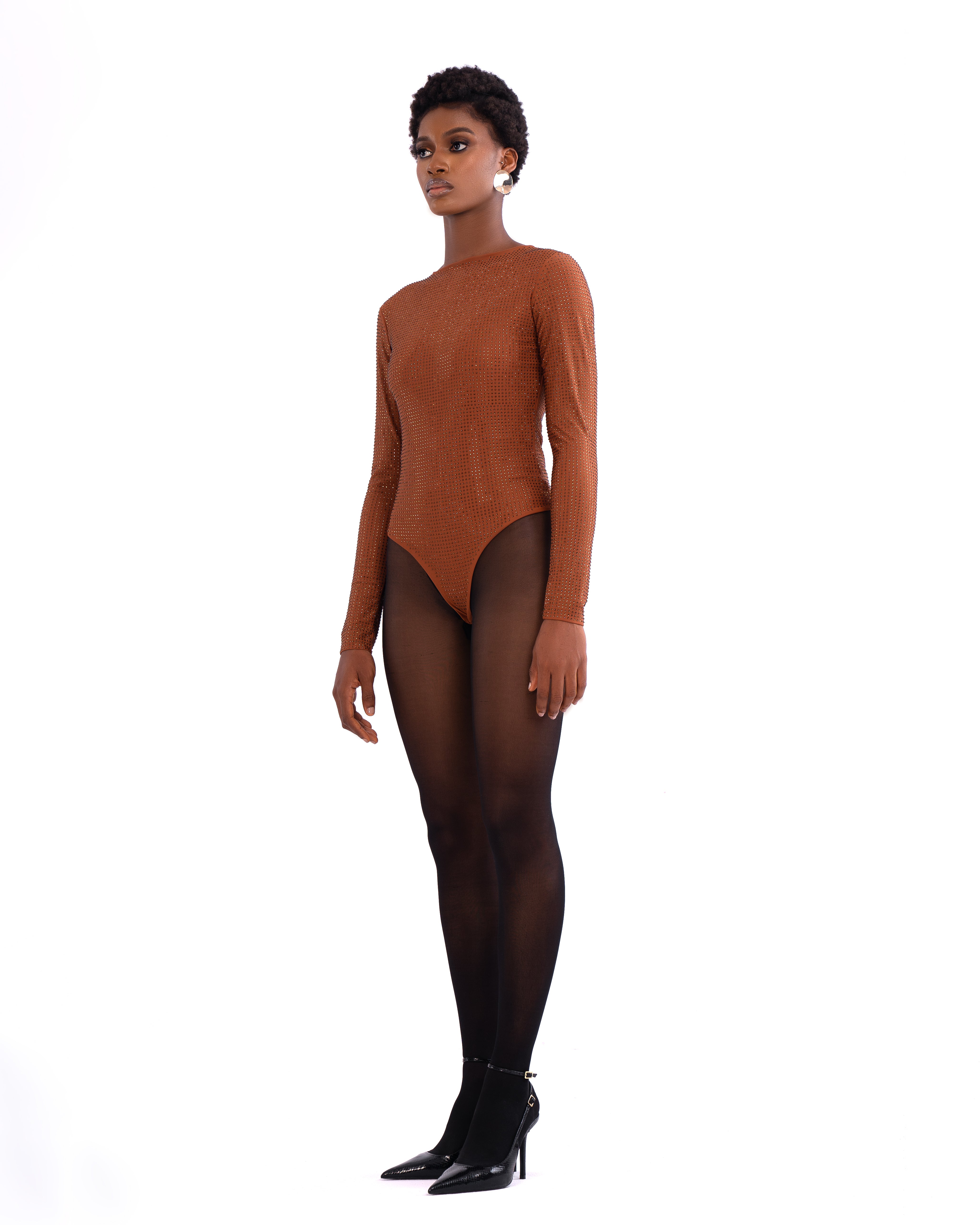 Gina Crystal Embellished stretch Bodysuit In Cocoa