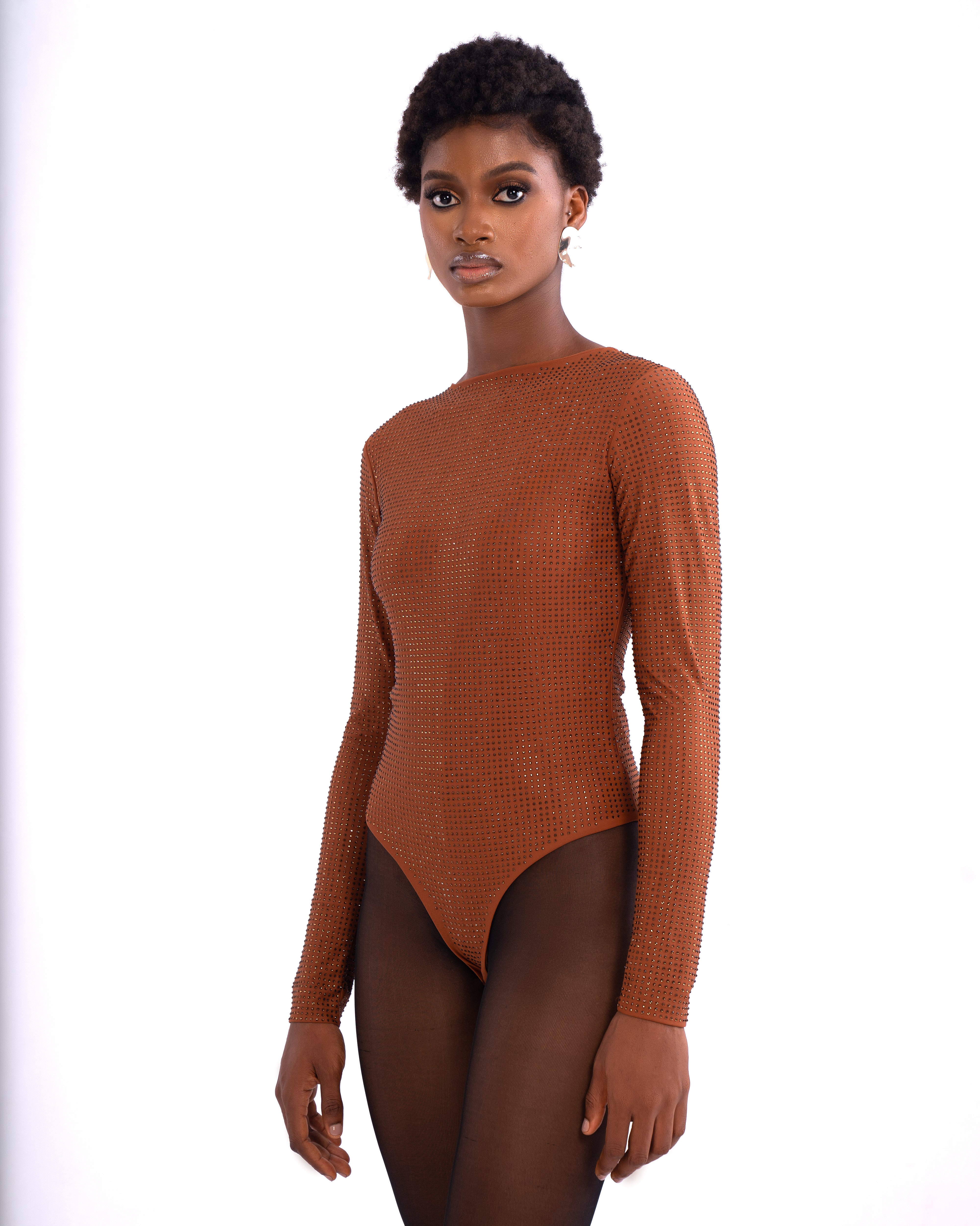 Gina Crystal Embellished stretch Bodysuit In Cocoa