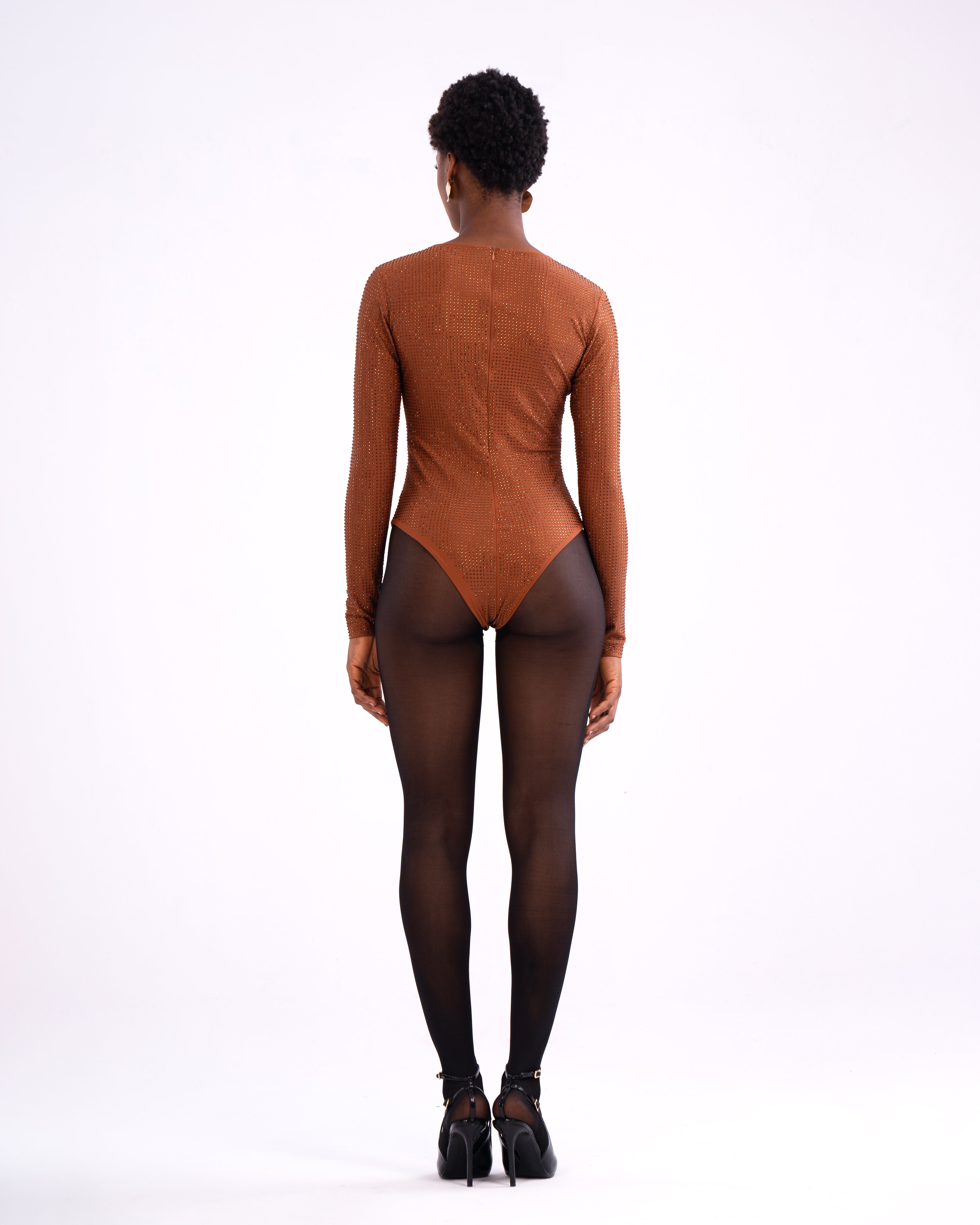 Gina Crystal Embellished stretch Bodysuit In Cocoa