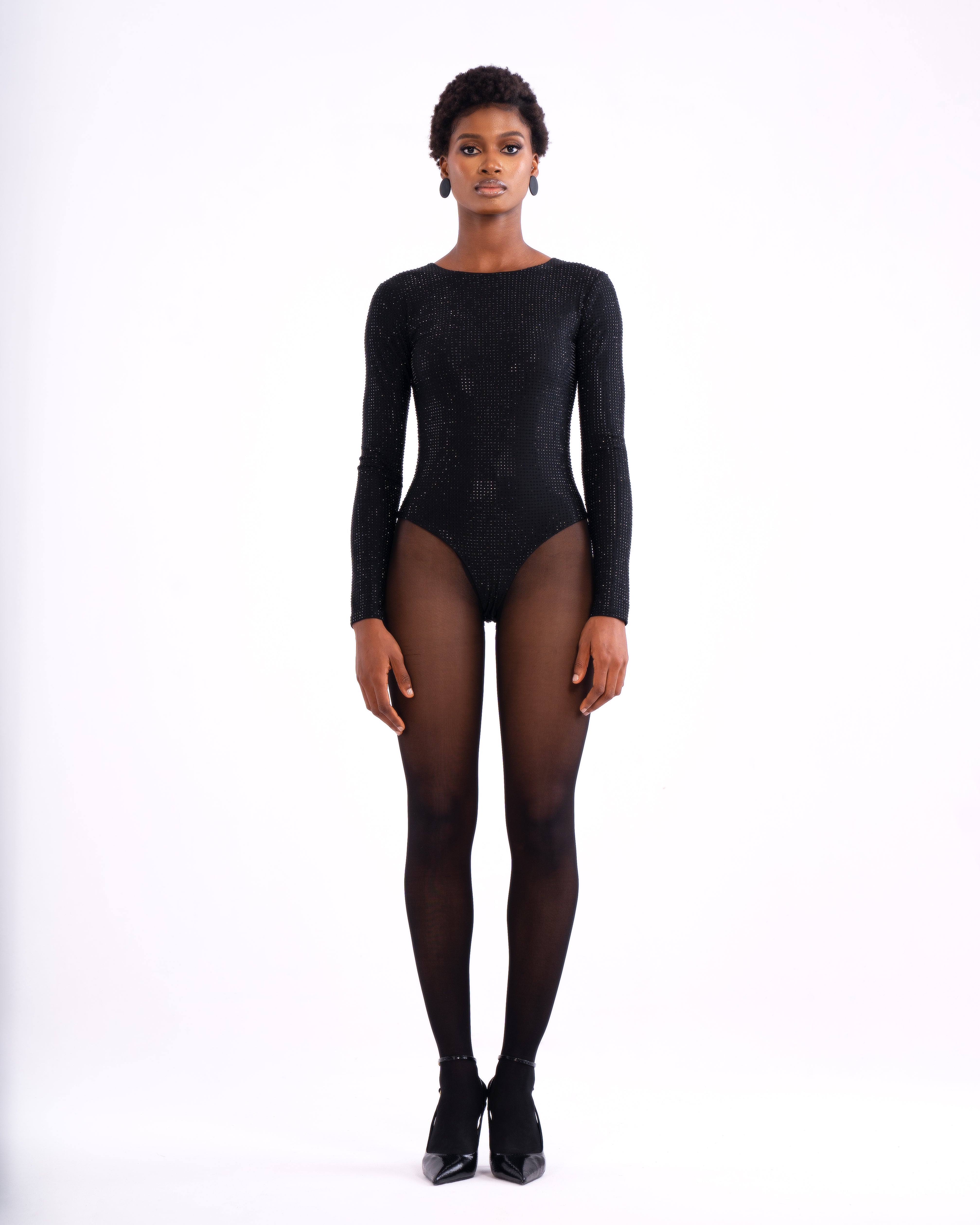 Gina Crystal Embellished stretch Bodysuit In Black