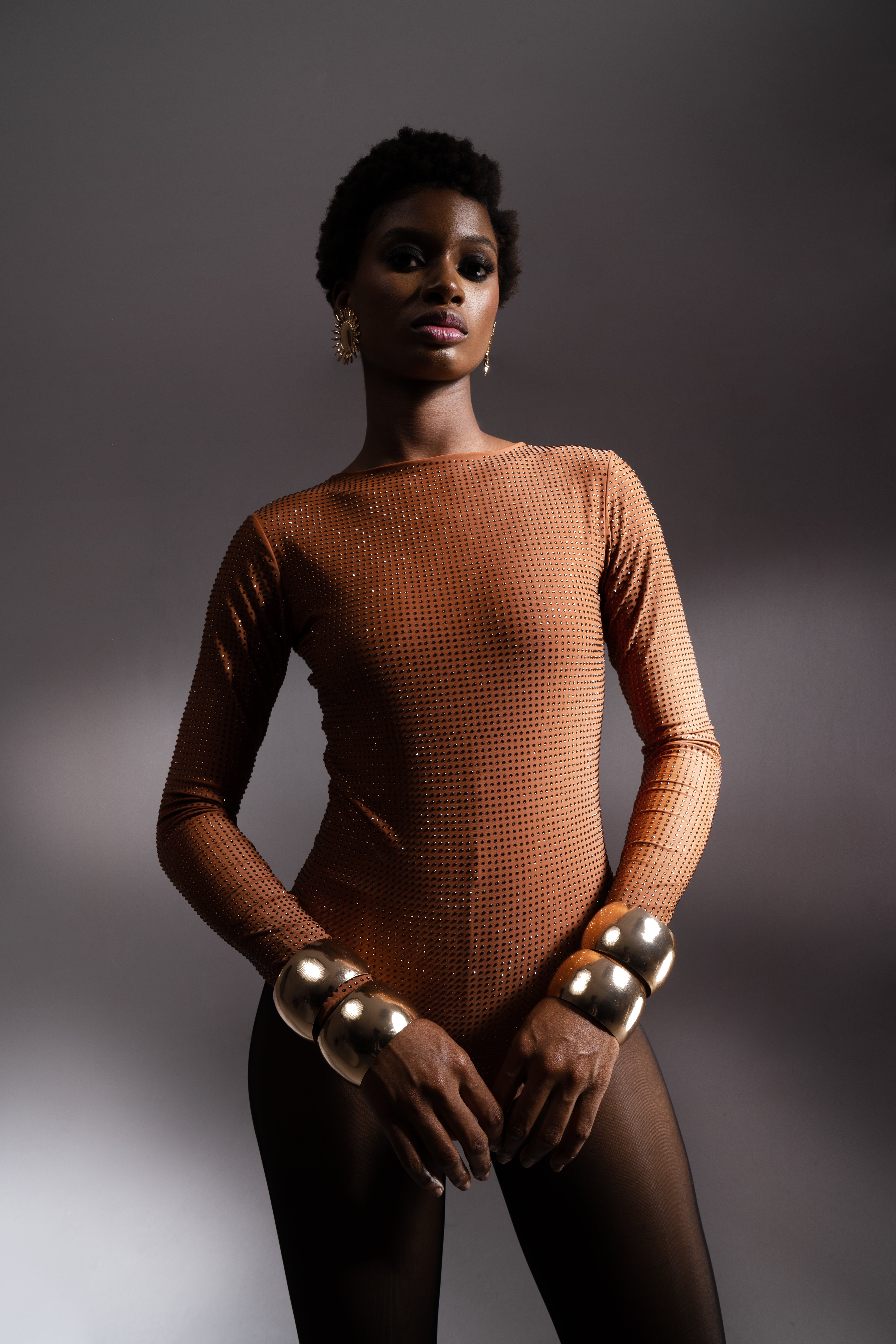 Gina Crystal Embellished stretch Bodysuit In Cocoa