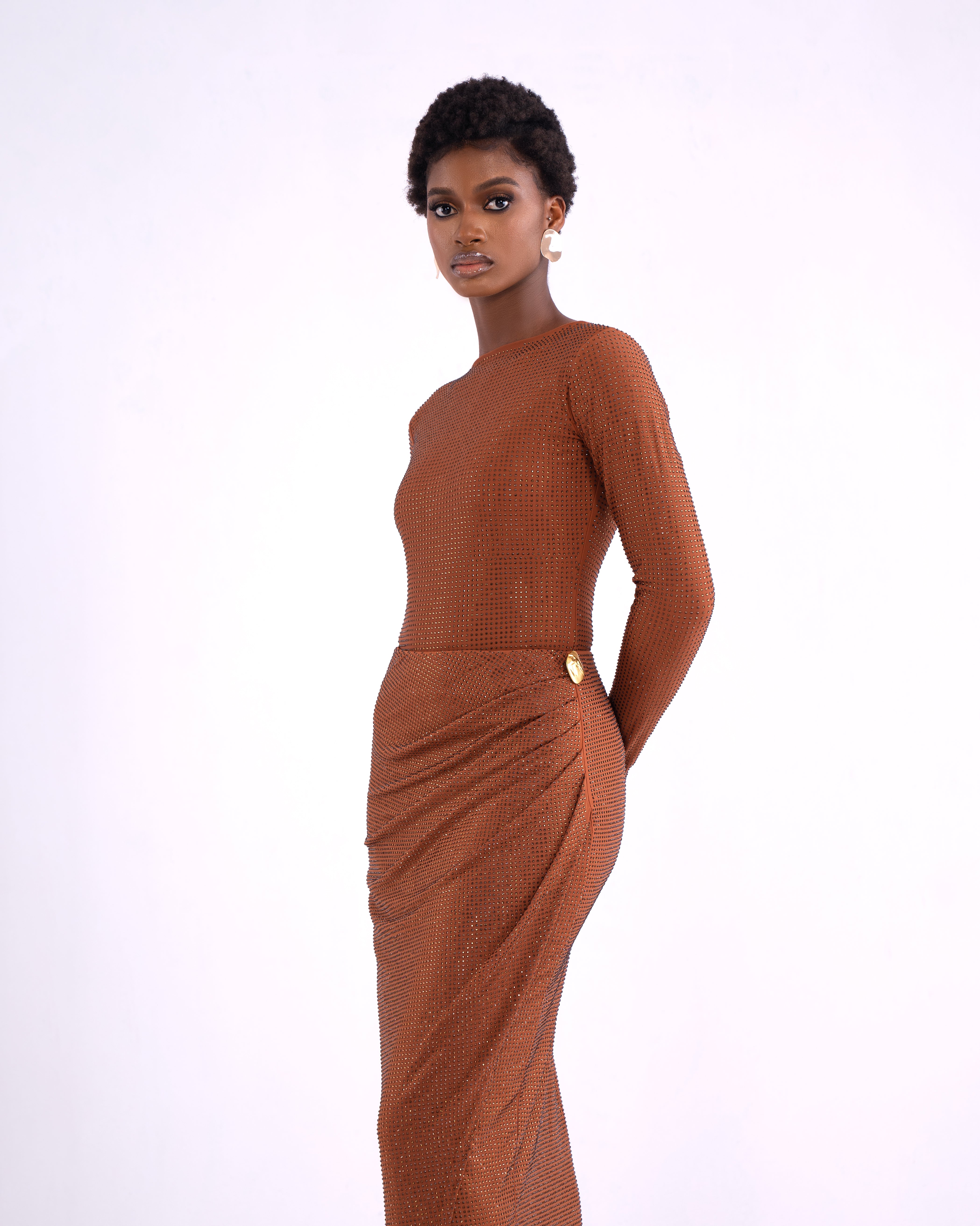 Gina Crystal Embellished stretch Bodysuit In Cocoa