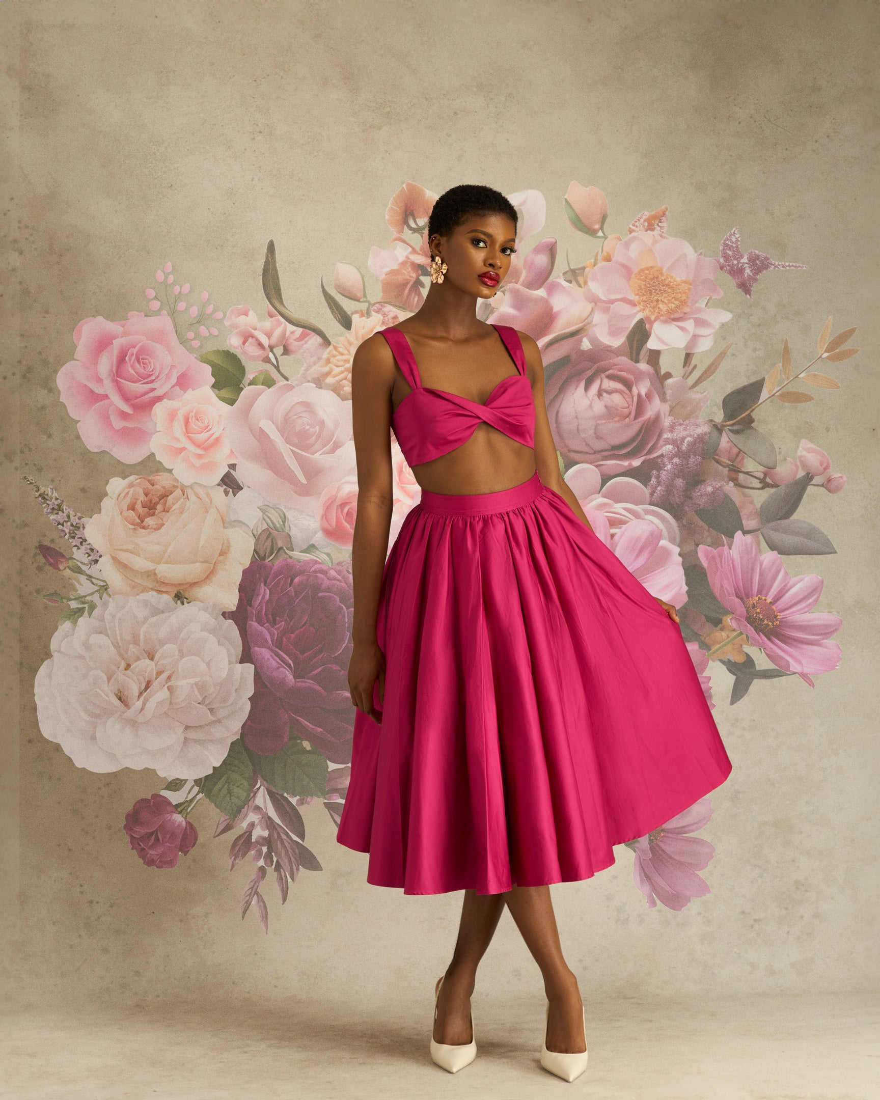 Shantel Crop Top & Midi Skirt Cotton Co-ord In Pink